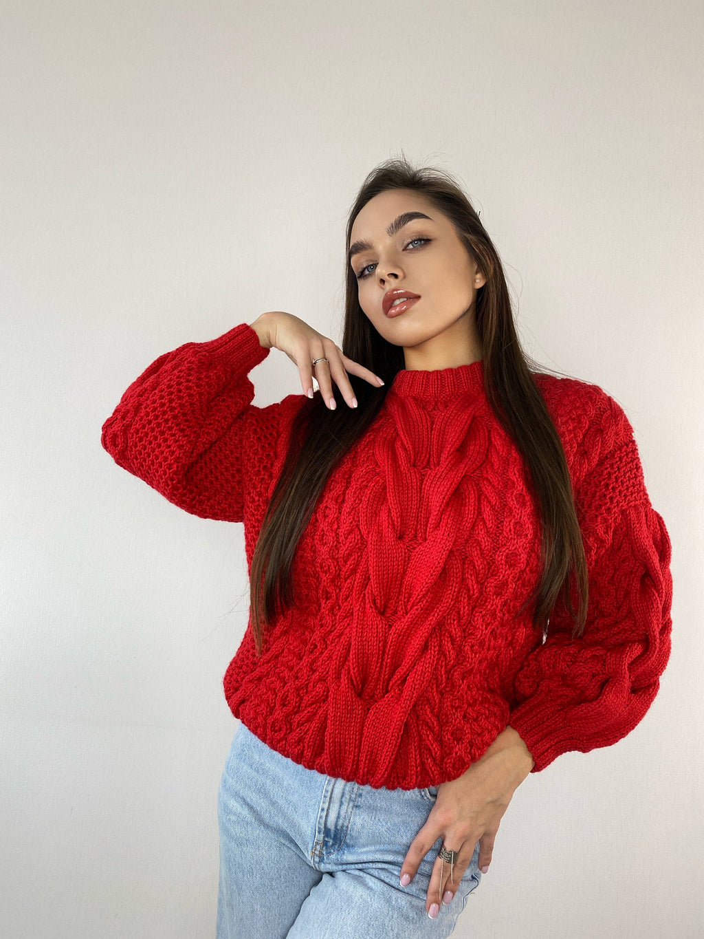 Red knit sweater women knitted merino wool jumper Chinky knit oversize Cable knitting Loose knit Oversized Women red knitted sweater