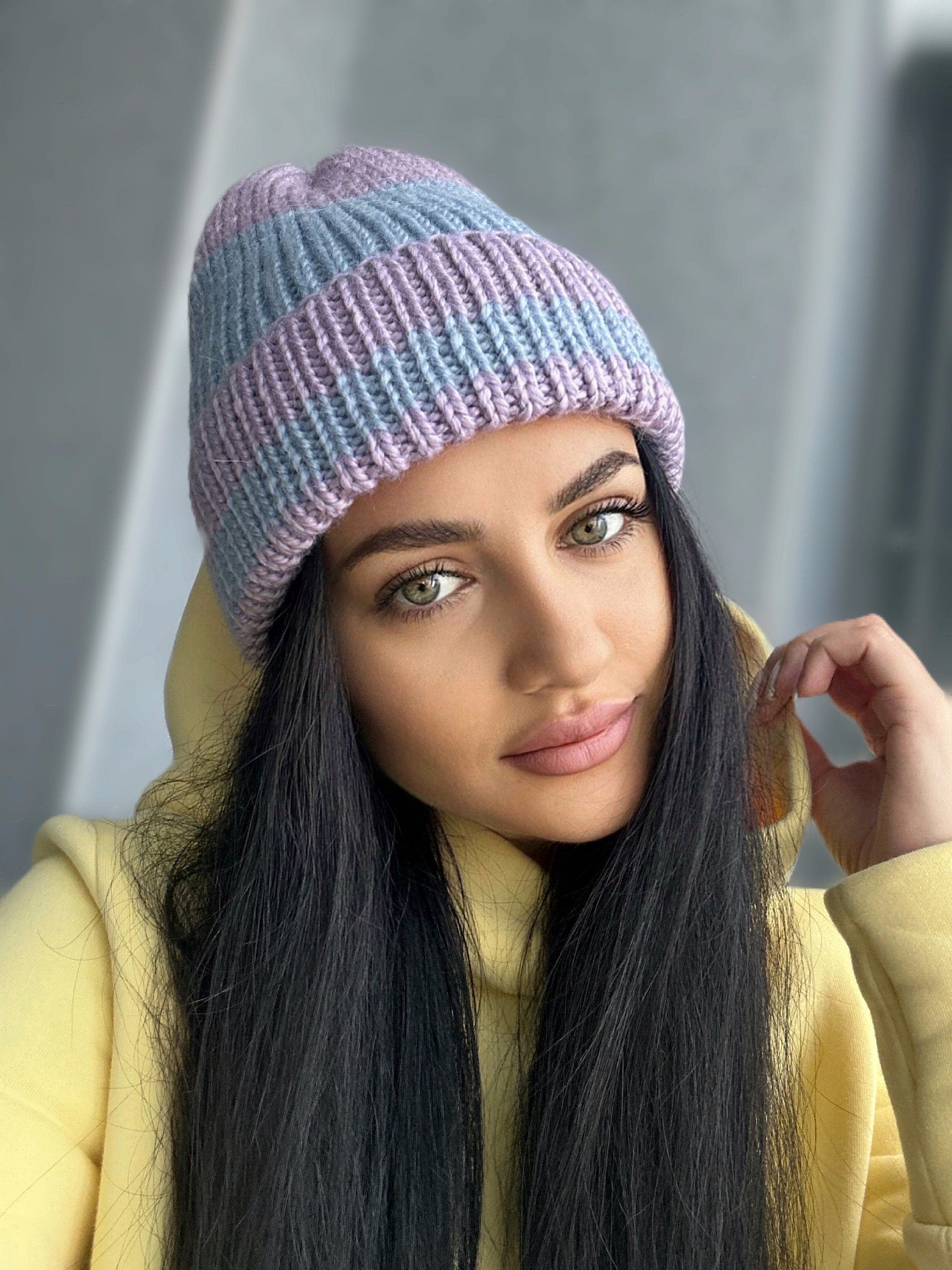 Knitted winter alpaca lilac beanie hat wool Lilac blue purple hat women unisex men Mini warm hat stocking Cable tie wraps around