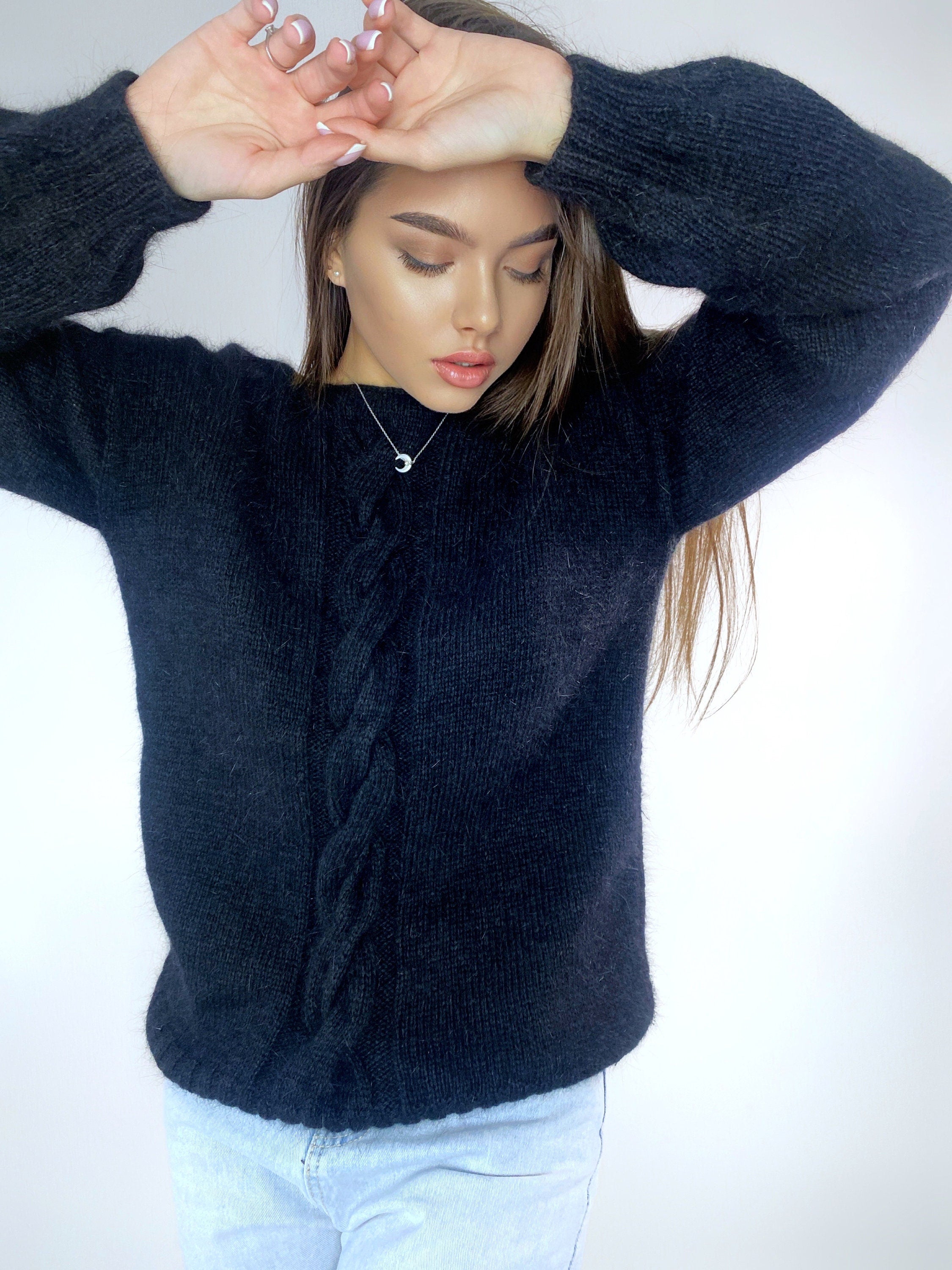 Black angora sweater Open back Deep neckline Knit fluffy angora pullover Loose fit oversized V-neck Fluffy Top long sleeve Cozy gift