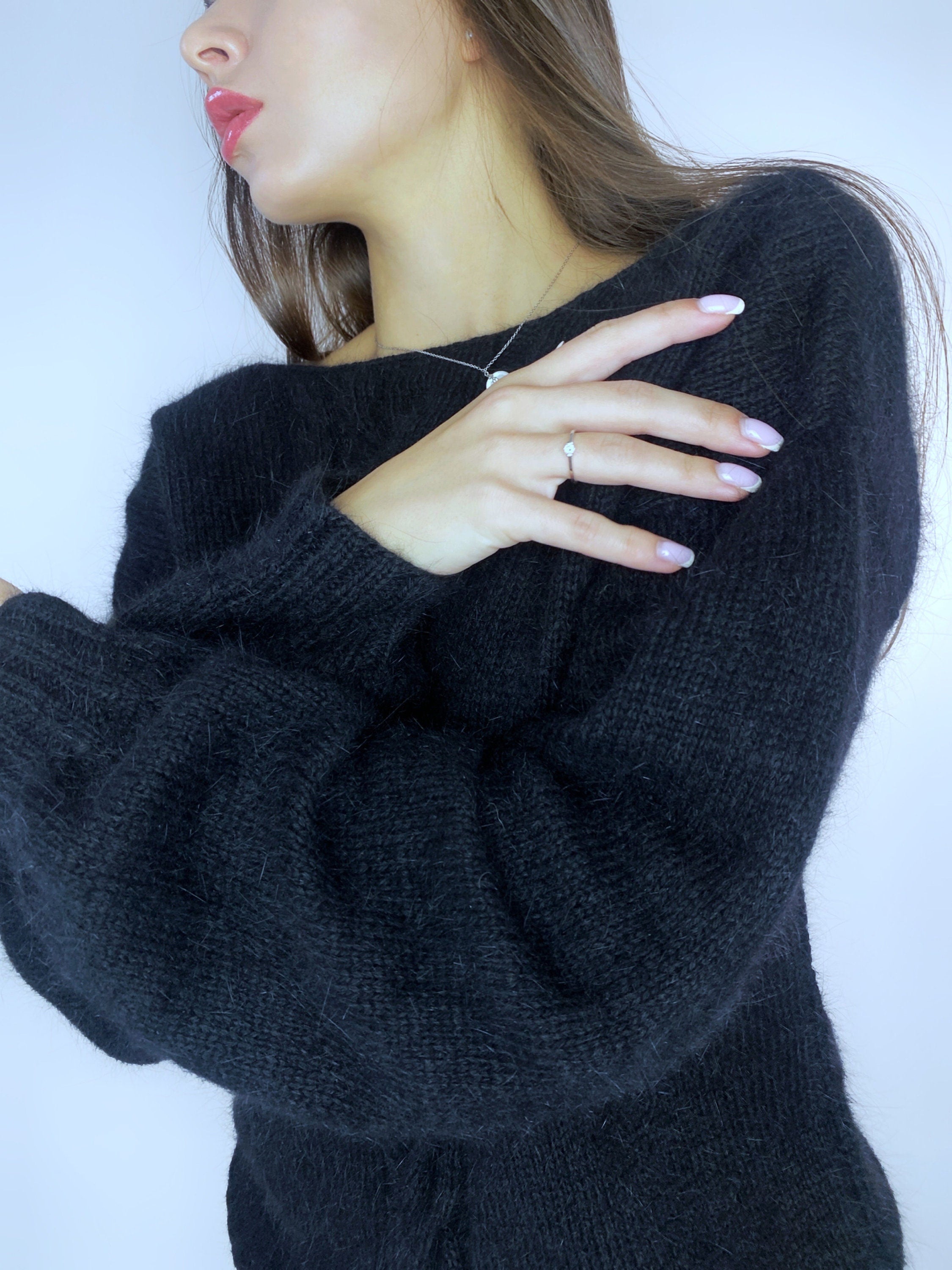 Black angora sweater Open back Deep neckline Knit fluffy angora pullover Loose fit oversized V-neck Fluffy Top long sleeve Cozy gift