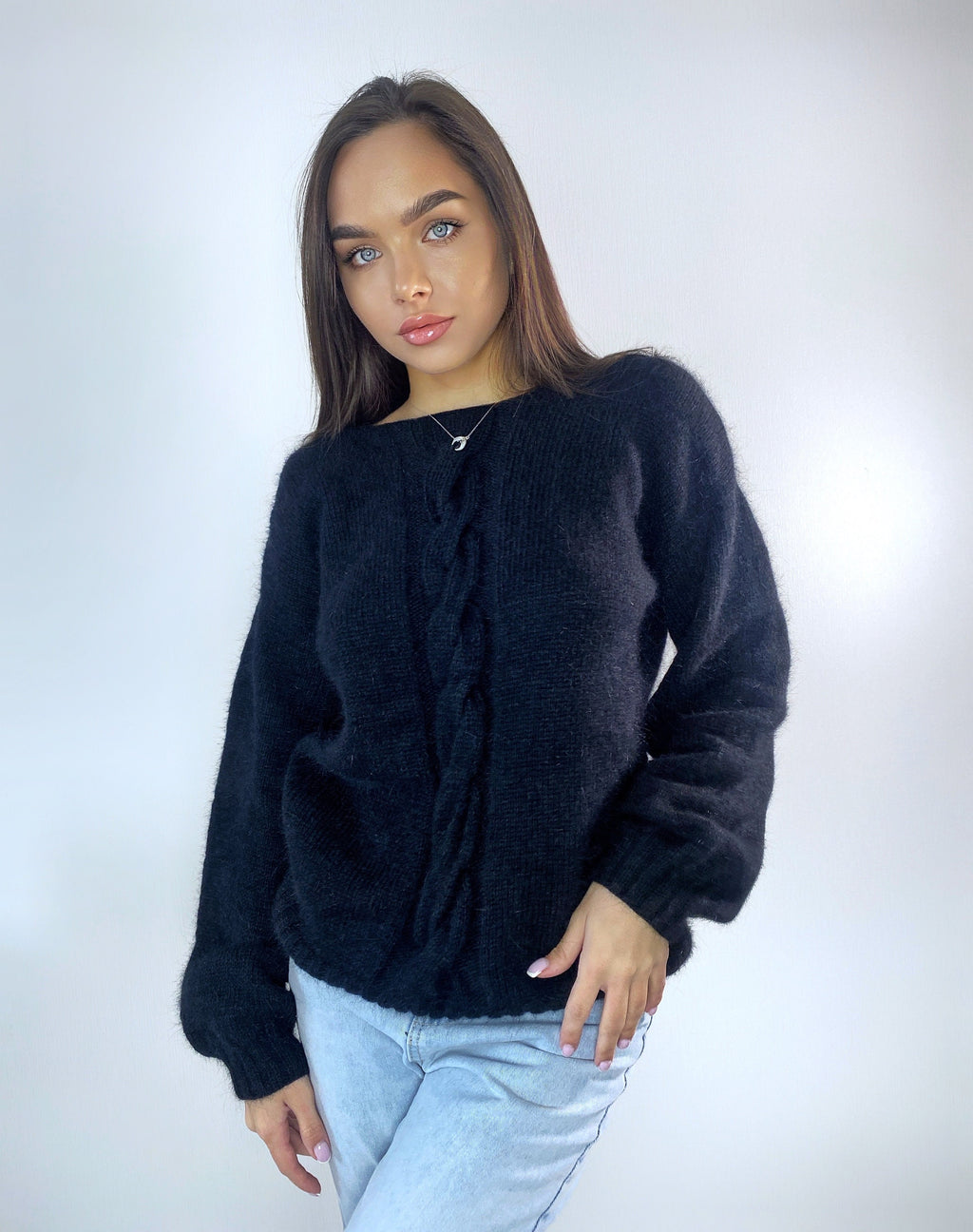 Black angora sweater Open back Deep neckline Knit fluffy angora pullover Loose fit oversized V-neck Fluffy Top long sleeve Cozy gift