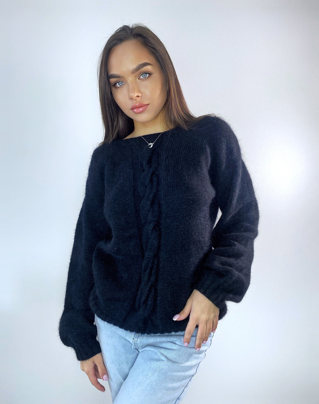 Black angora sweater Open back Deep neckline Knit fluffy angora pullover Loose fit oversized V-neck Fluffy Top long sleeve Cozy gift