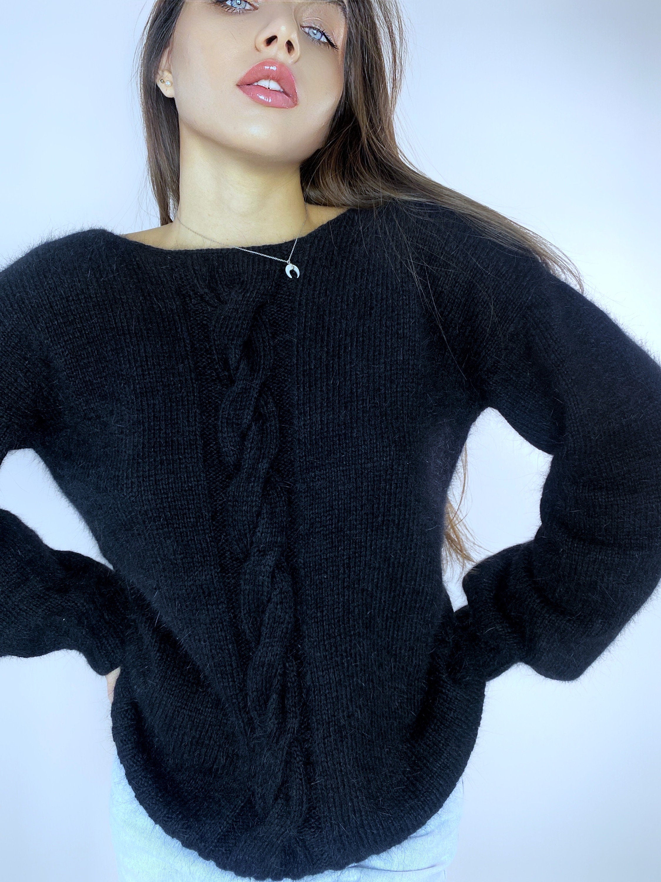 Black angora sweater Open back Deep neckline Knit fluffy angora pullover Loose fit oversized V-neck Fluffy Top long sleeve Cozy gift