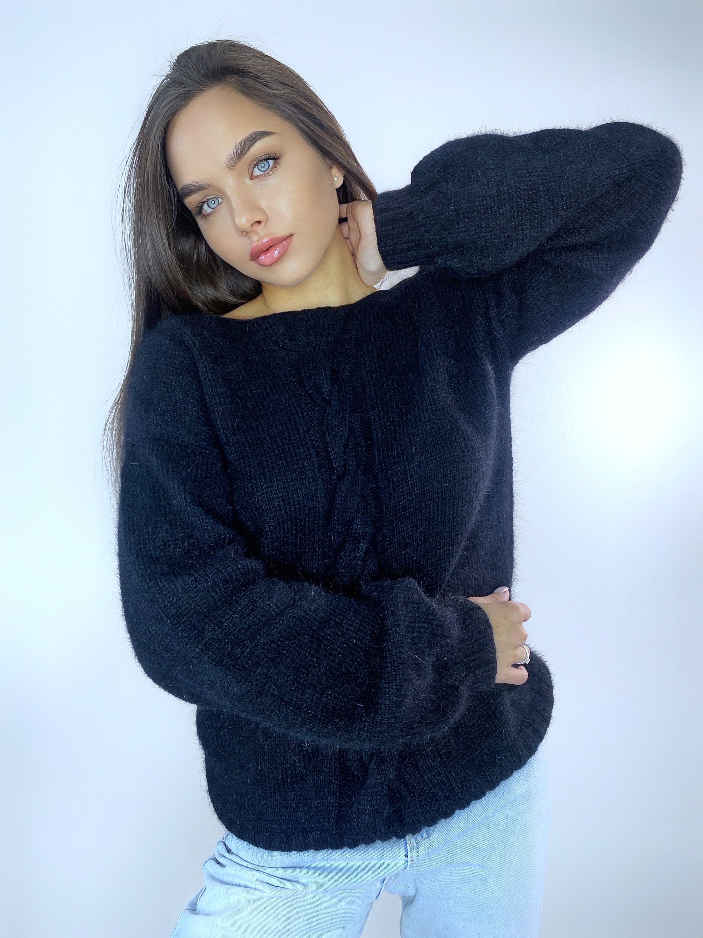 Black angora sweater Open back Deep neckline Knit fluffy angora pullover Loose fit oversized V-neck Fluffy Top long sleeve Cozy gift