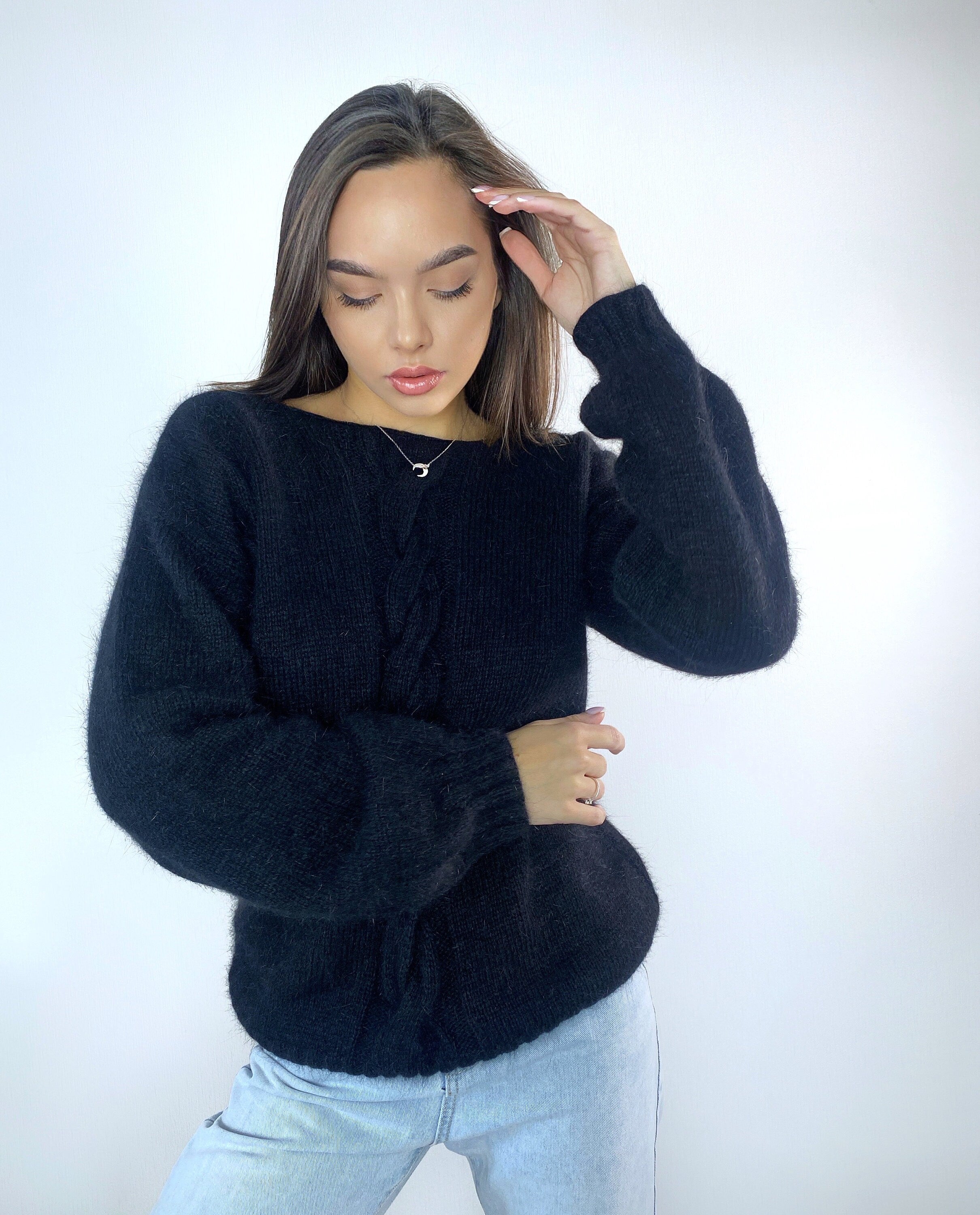 Black angora sweater Open back Deep neckline Knit fluffy angora pullover Loose fit oversized V-neck Fluffy Top long sleeve Cozy gift