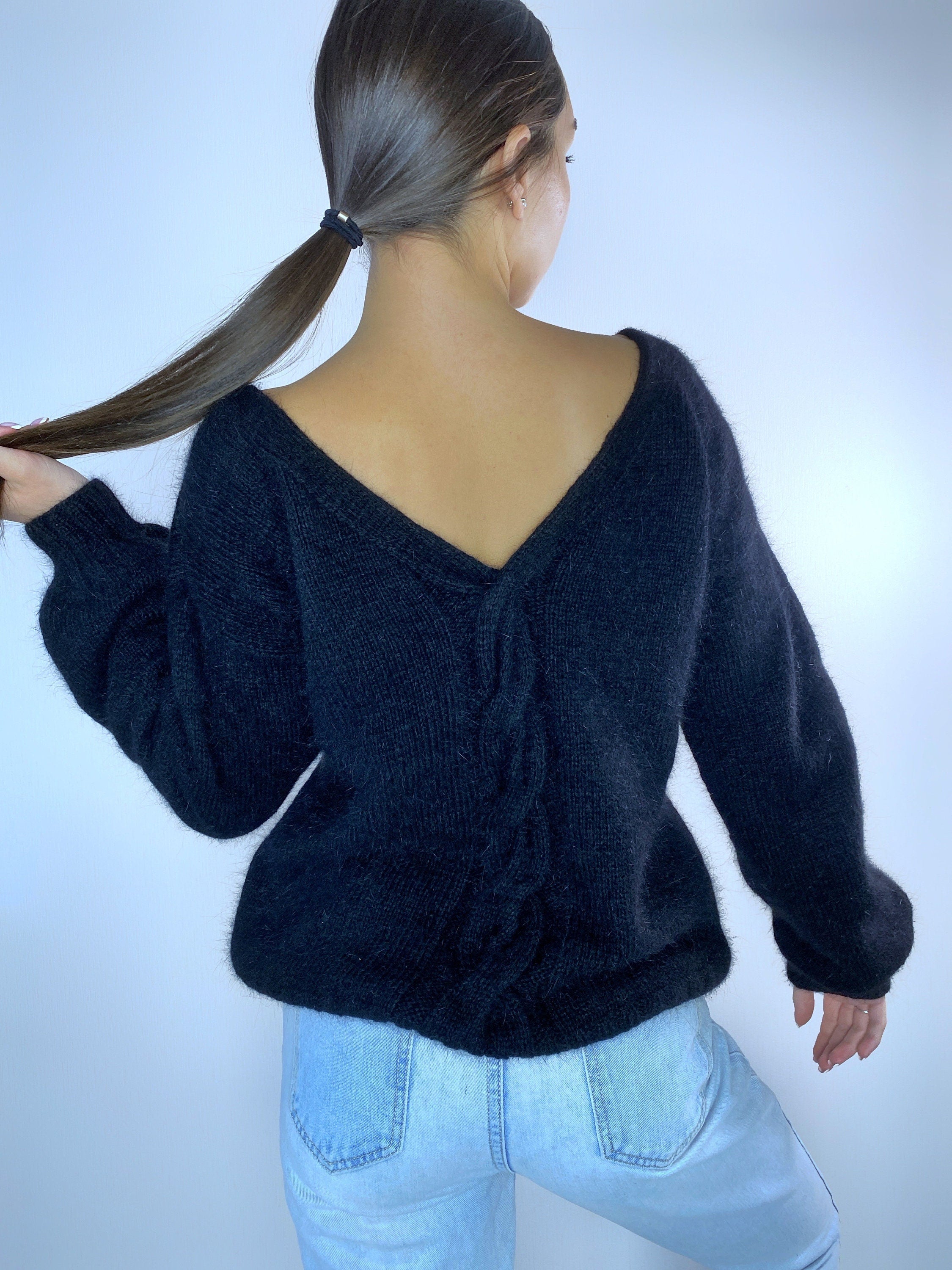 Black angora sweater Open back Deep neckline Knit fluffy angora pullover Loose fit oversized V-neck Fluffy Top long sleeve Cozy gift
