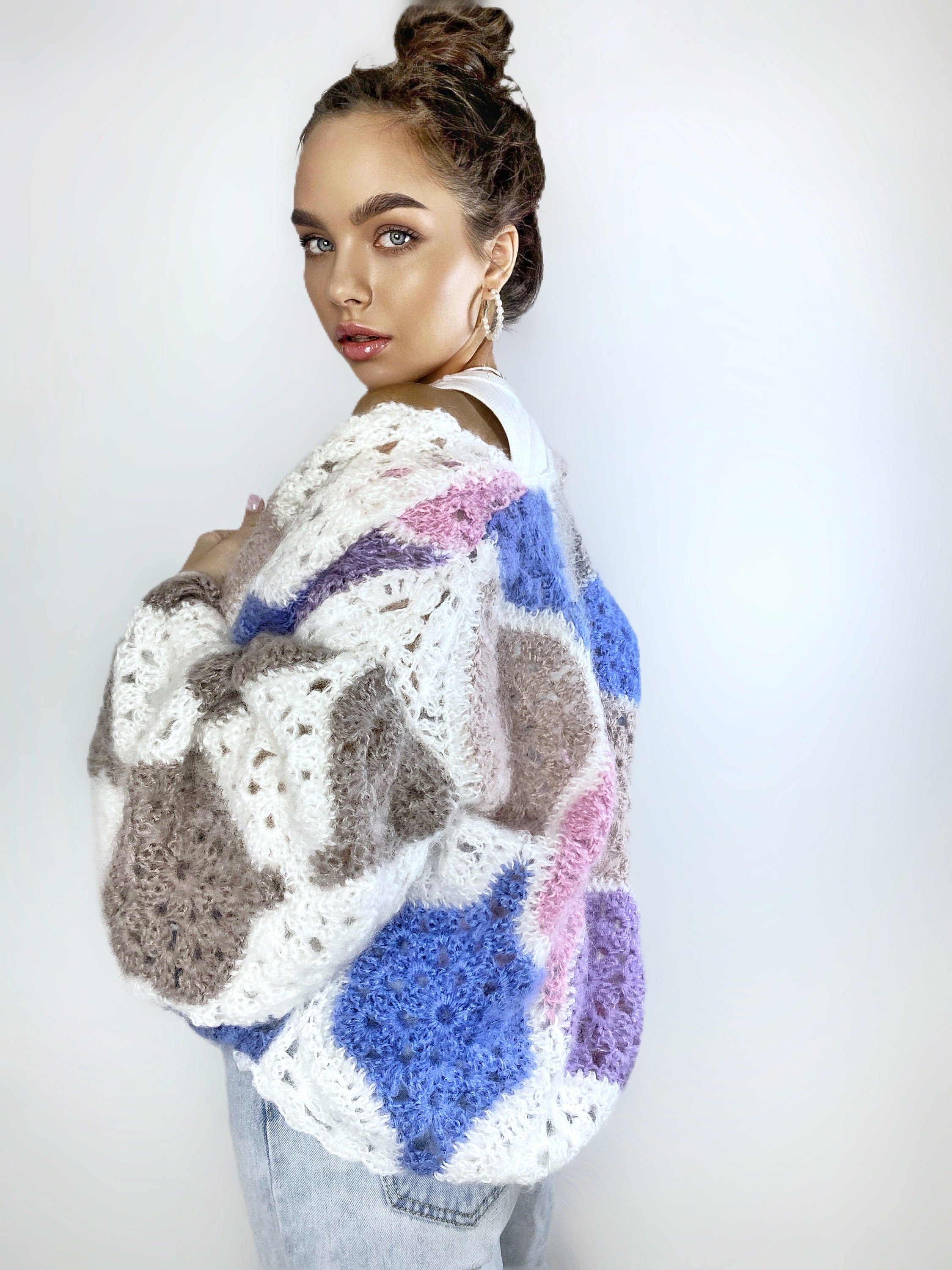 Knit mohair cardigan for women Crochet patchwork Balloon sleeves Mohair sweater Multicolor knitted coat Jacket Women Fluffy cardigan bolero