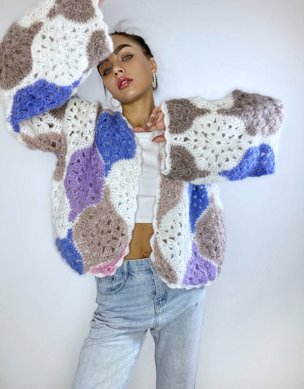 Knit mohair cardigan for women Crochet patchwork Balloon sleeves Mohair sweater Multicolor knitted coat Jacket Women Fluffy cardigan bolero