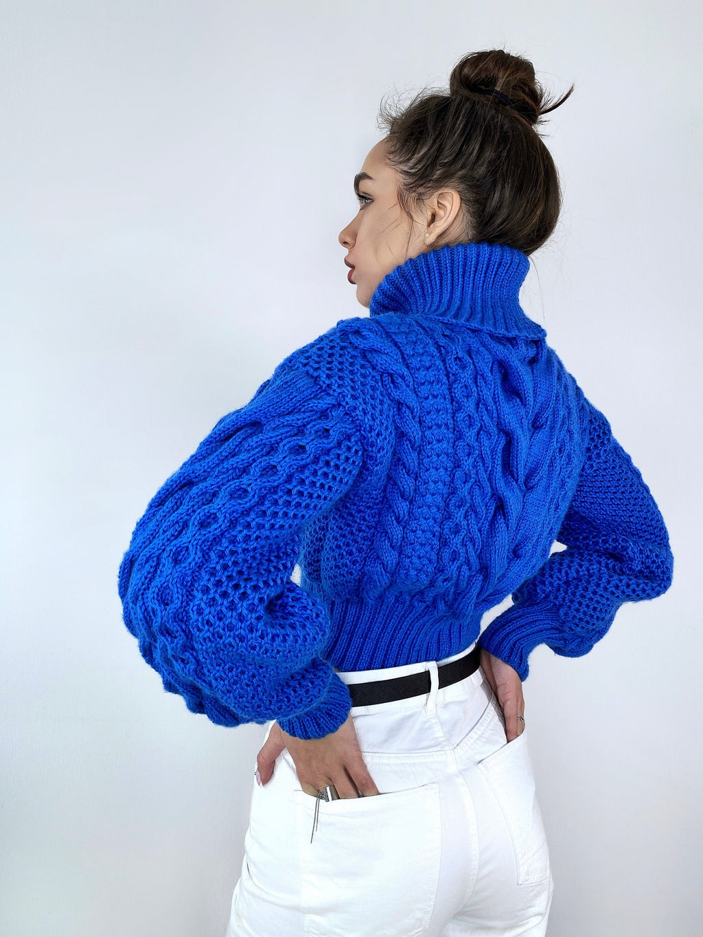 Crop hand knitted blue sweater Chunky Knit Turtleneck Oversized Pullover Women's Cable knit Jumper merino wool winter sweater