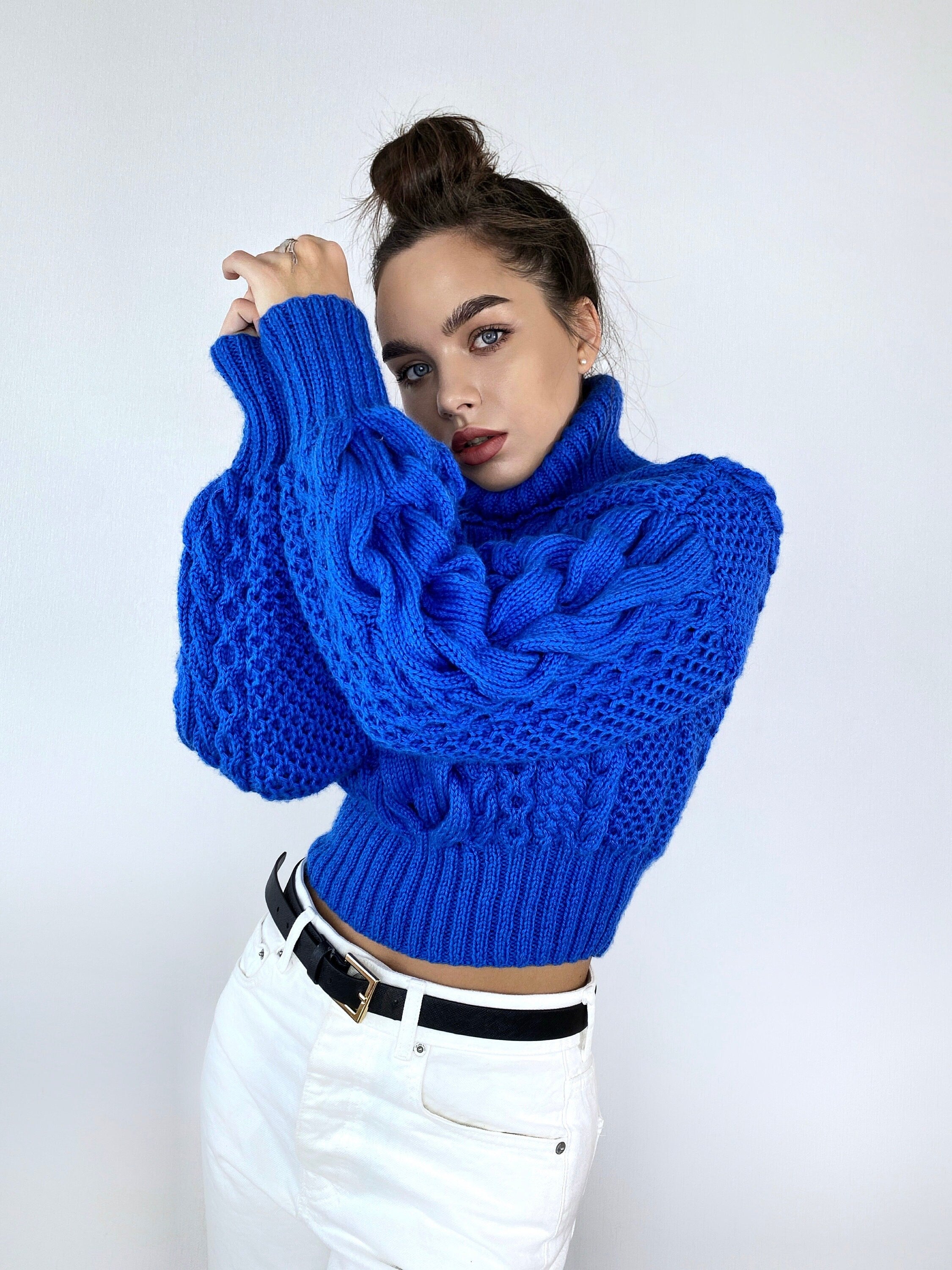 Crop hand knitted blue sweater Chunky Knit Turtleneck Oversized Pullover Women's Cable knit Jumper merino wool winter sweater