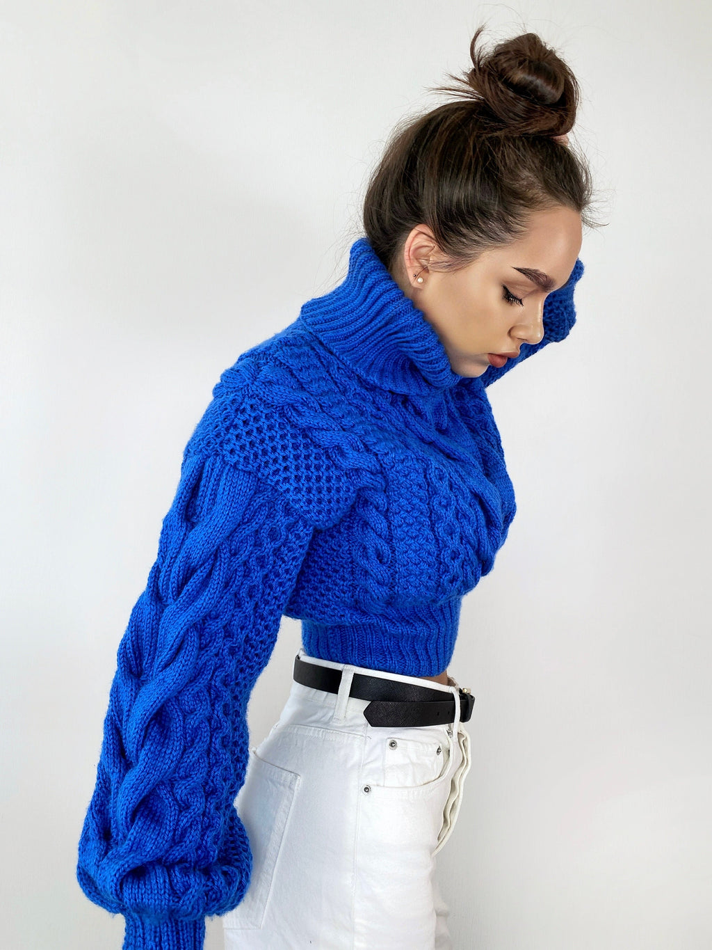 Crop hand knitted blue sweater Chunky Knit Turtleneck Oversized Pullover Women's Cable knit Jumper merino wool winter sweater