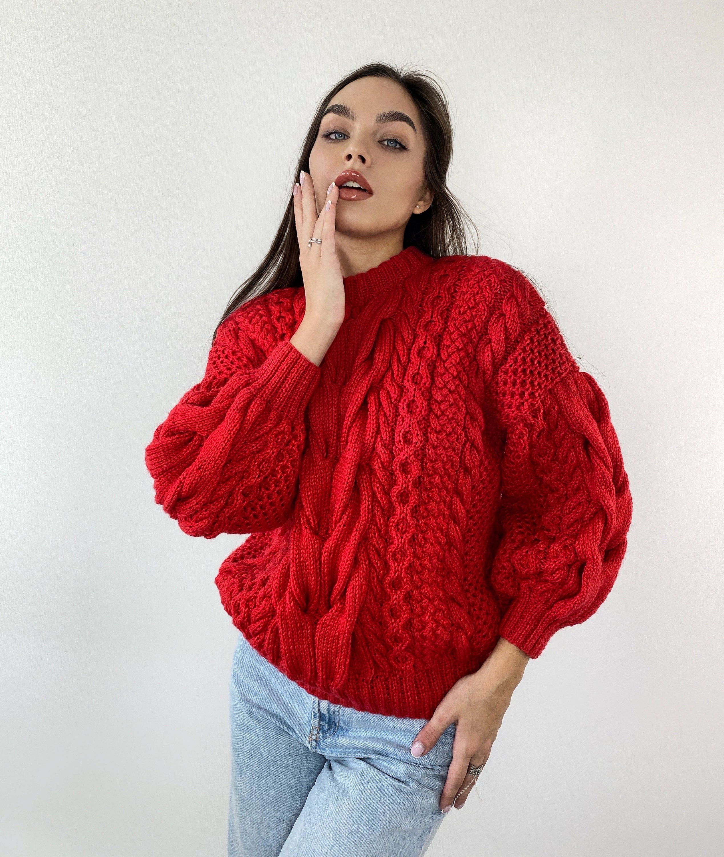Red knit sweater women knitted merino wool jumper Chinky knit oversize Cable knitting Loose knit Oversized Women red knitted sweater