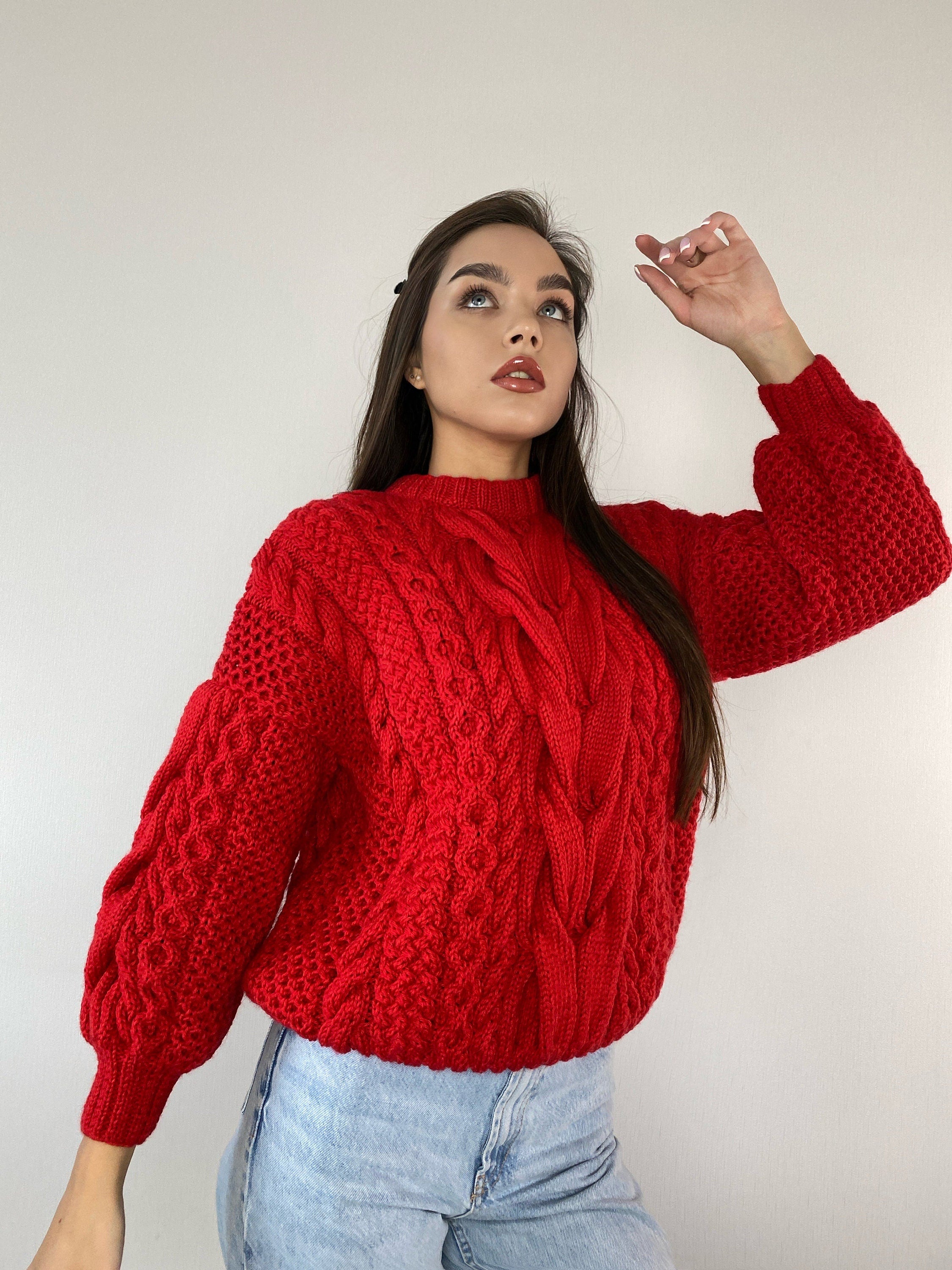 Red knit sweater women knitted merino wool jumper Chinky knit oversize Cable knitting Loose knit Oversized Women red knitted sweater