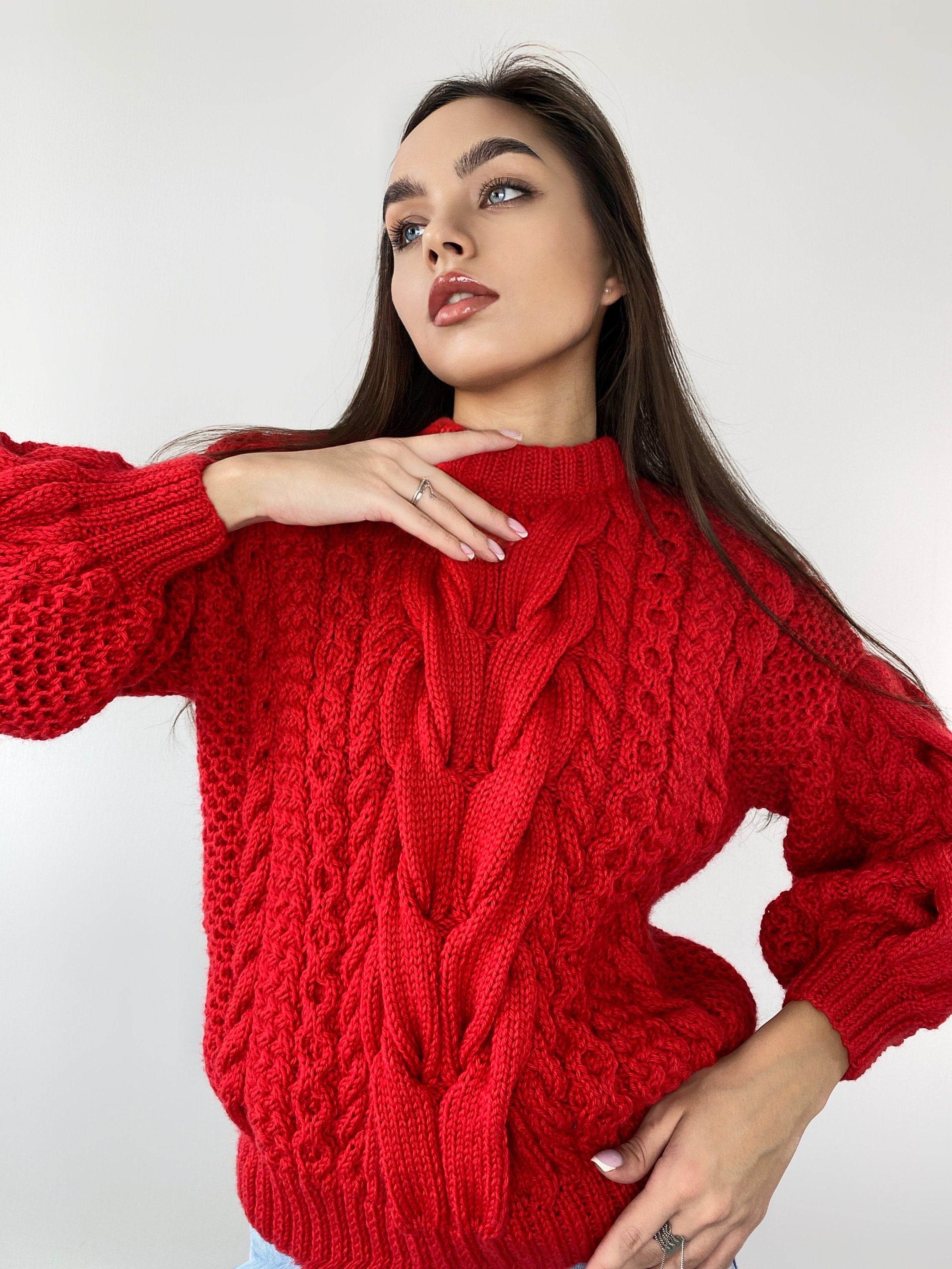 Red knit sweater women knitted merino wool jumper Chinky knit oversize Cable knitting Loose knit Oversized Women red knitted sweater