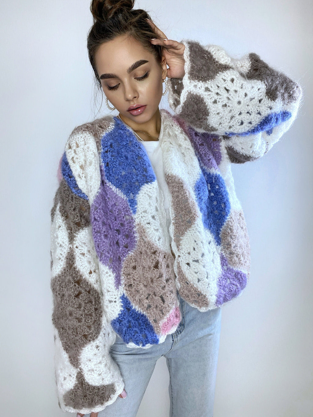 Mohair fluffy crochet cardigan for women patchwork Balloon sleeves Mohair knit sweater Multicolor knitted coat Jacket Women cardigan boler