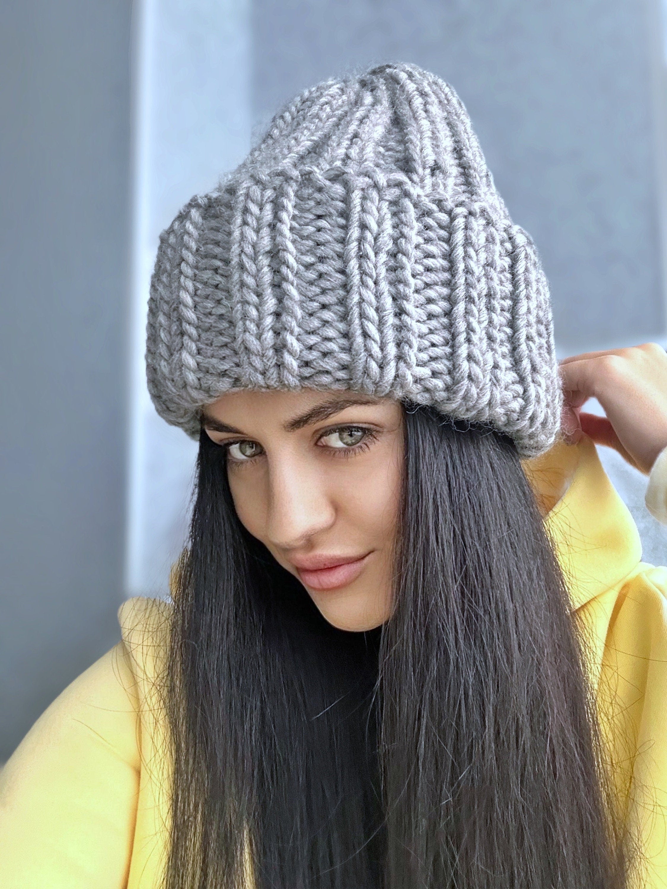 Chunky knit hat Super Chunky Beanie Winter knit hat Big warm winter knitted hat Light Gray Pastel knit hand hat Chunky knit beanie