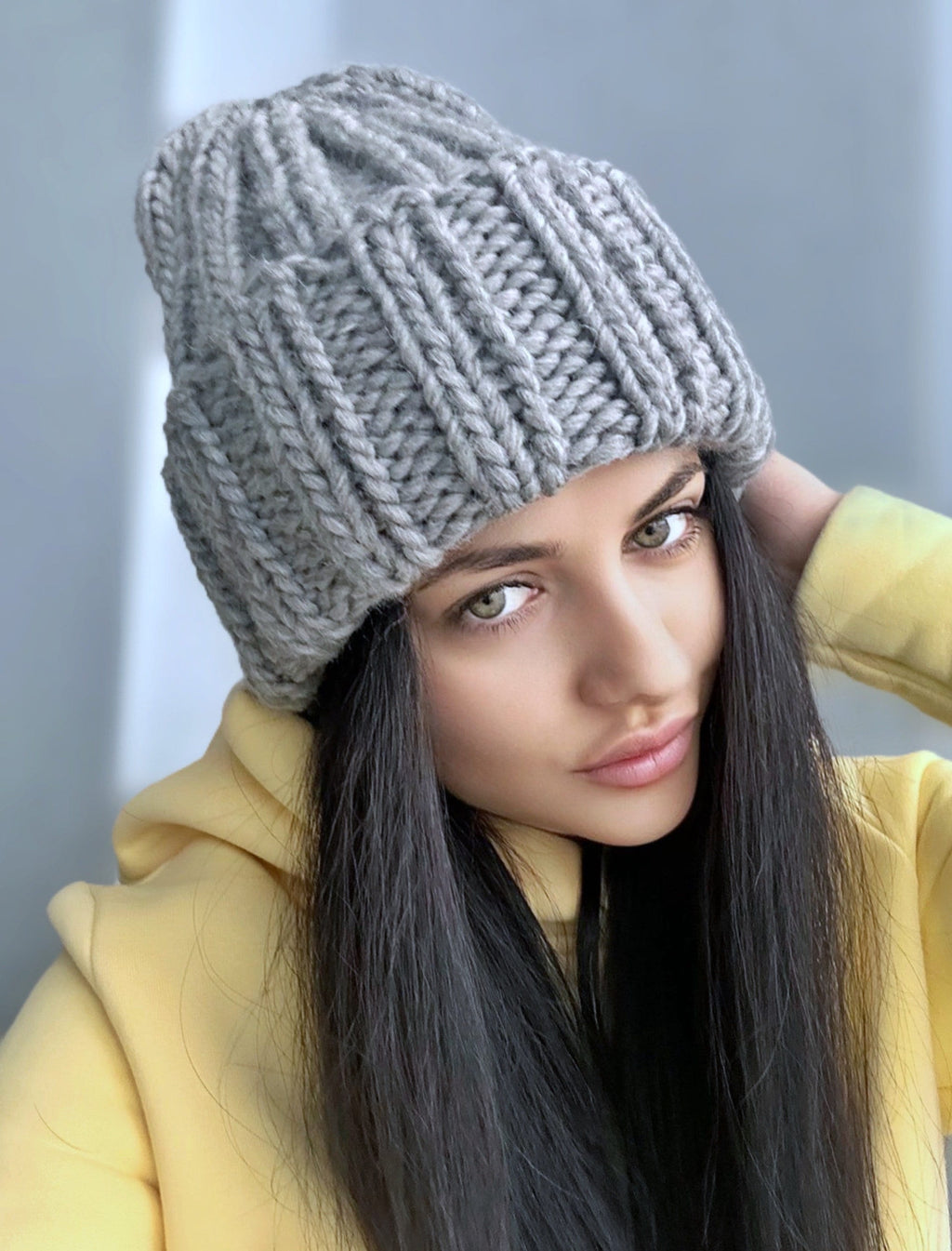 Chunky knit hat Super Chunky Beanie Winter knit hat Big warm winter knitted hat Light Gray Pastel knit hand hat Chunky knit beanie