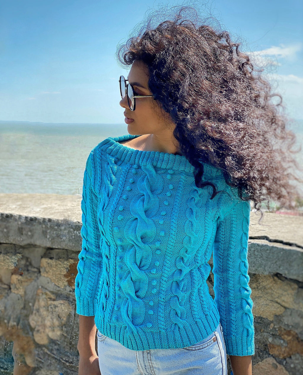 Hand knit cotton sweater/blue women sweater/short cotton sweater/cable sweater/spring sweater for women/Light blue cropped sweater