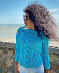 Hand knit cotton sweater/blue women sweater/short cotton sweater/cable sweater/spring sweater for women/Light blue cropped sweater