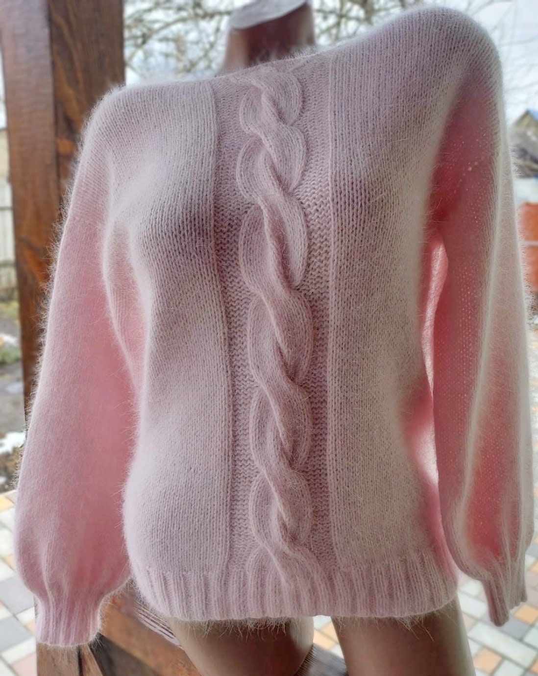 Angora light pink hand knit sweater Open back Deep neckline Pastel fluffy angora pullover Loose fit oversized V-neck long sleevs
