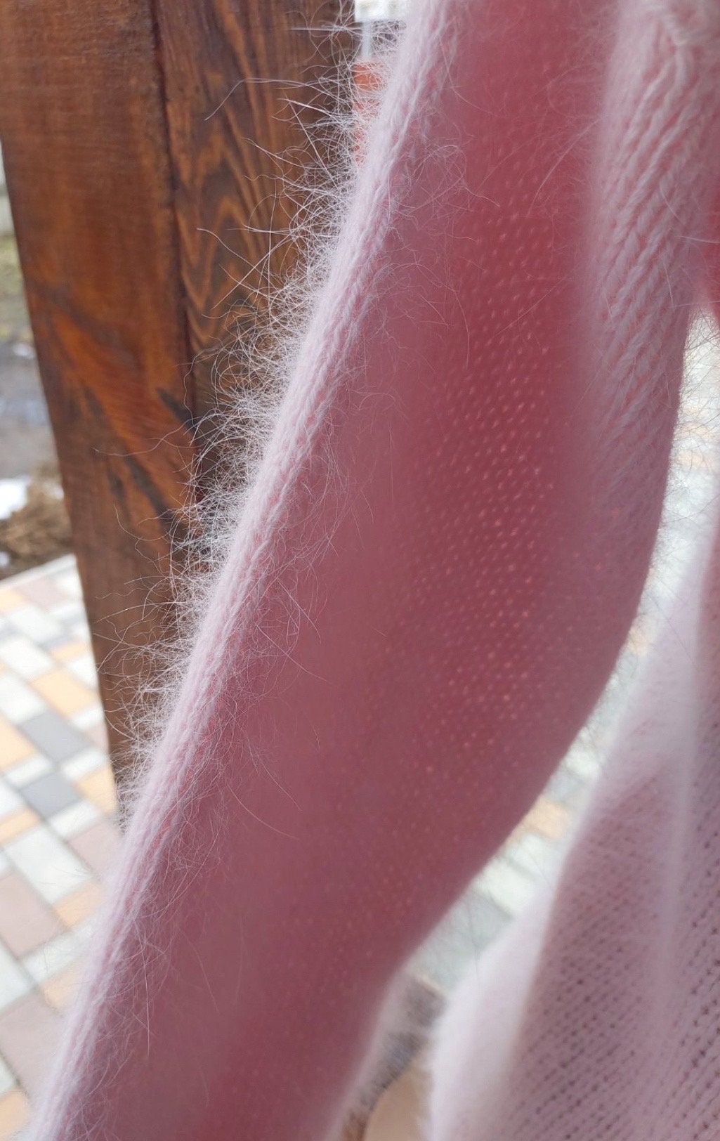 Angora light pink hand knit sweater Open back Deep neckline Pastel fluffy angora pullover Loose fit oversized V-neck long sleevs