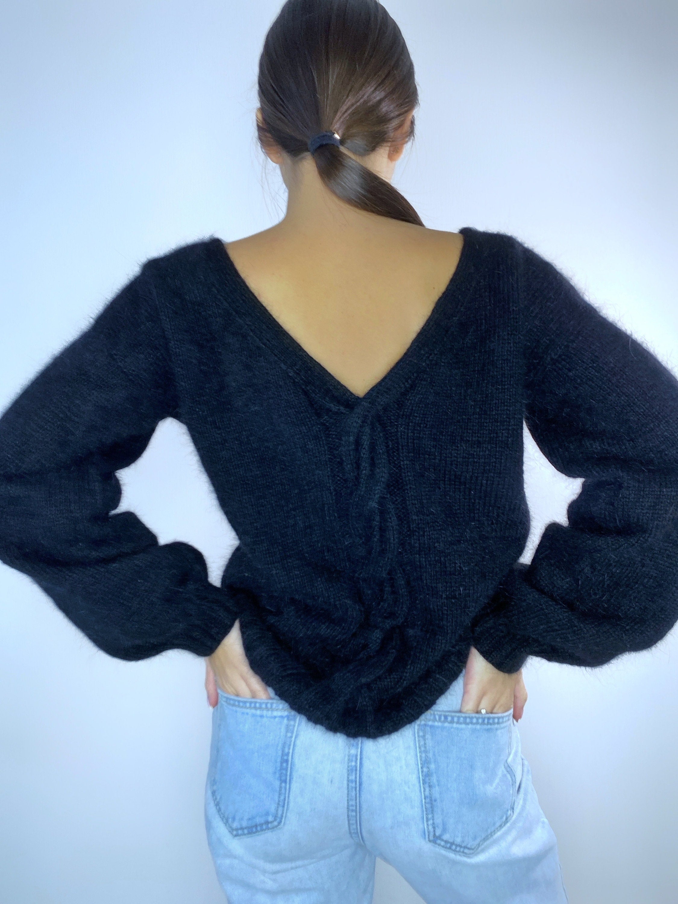 Black angora sweater Open back Deep neckline Knit fluffy angora pullover Loose fit oversized V-neck Fluffy Top long sleeve Cozy gift