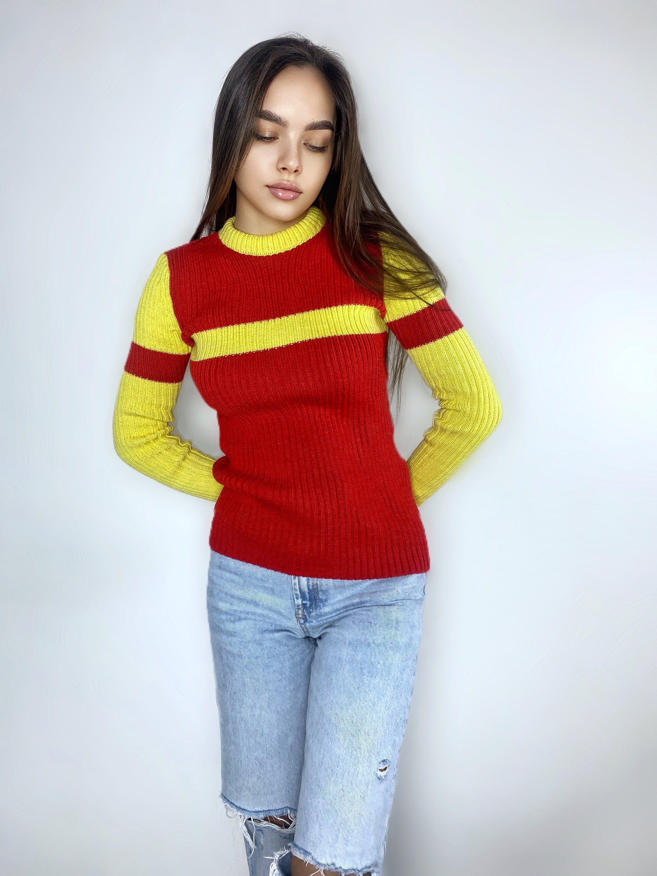 Red Yellow knitted sweater/knit woolen mens unisex sweater/red pullover/wool turtleneck/gender neutral sweater/chunky knit pullover