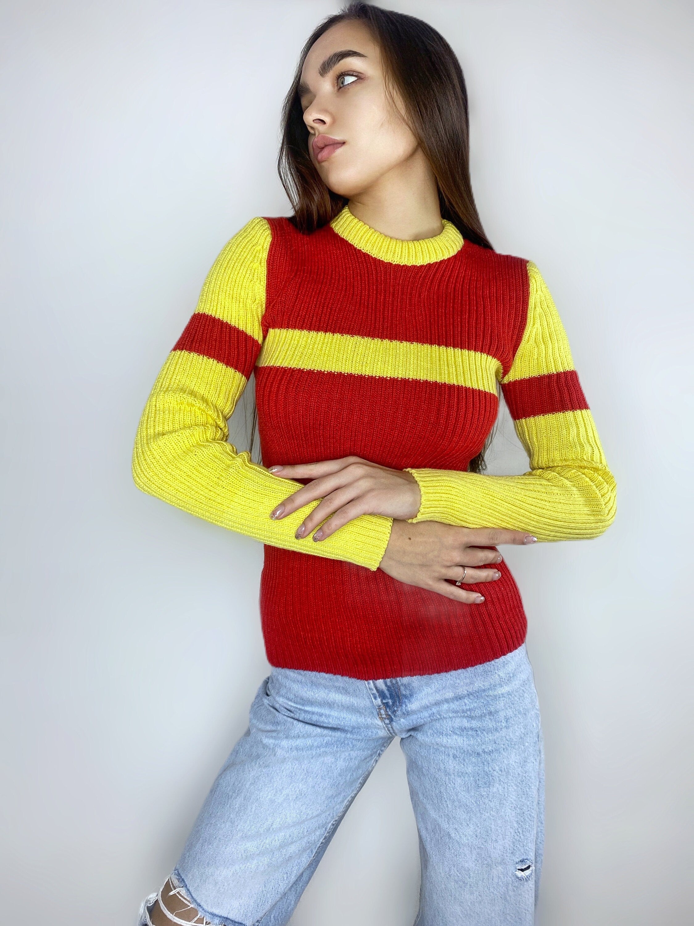 Red Yellow knitted sweater/knit woolen mens unisex sweater/red pullover/wool turtleneck/gender neutral sweater/chunky knit pullover