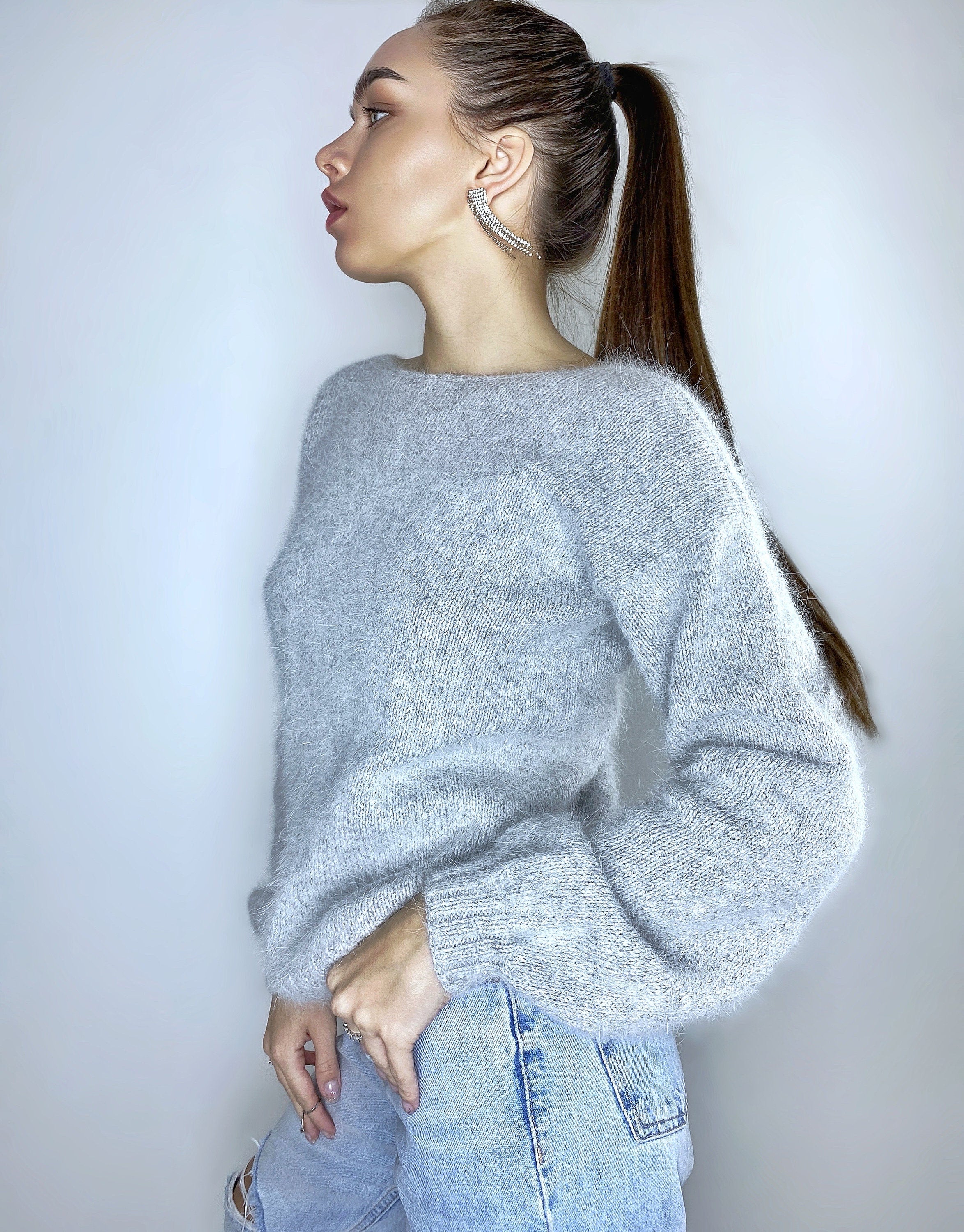 Grey melange angora sweater Open back Deep neckline Knit fluffy angora pullover Loose fit oversized V-neck Top long sleevs Cozy gift her