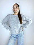 Grey melange angora sweater Open back Deep neckline Knit fluffy angora pullover Loose fit oversized V-neck Top long sleevs Cozy gift her