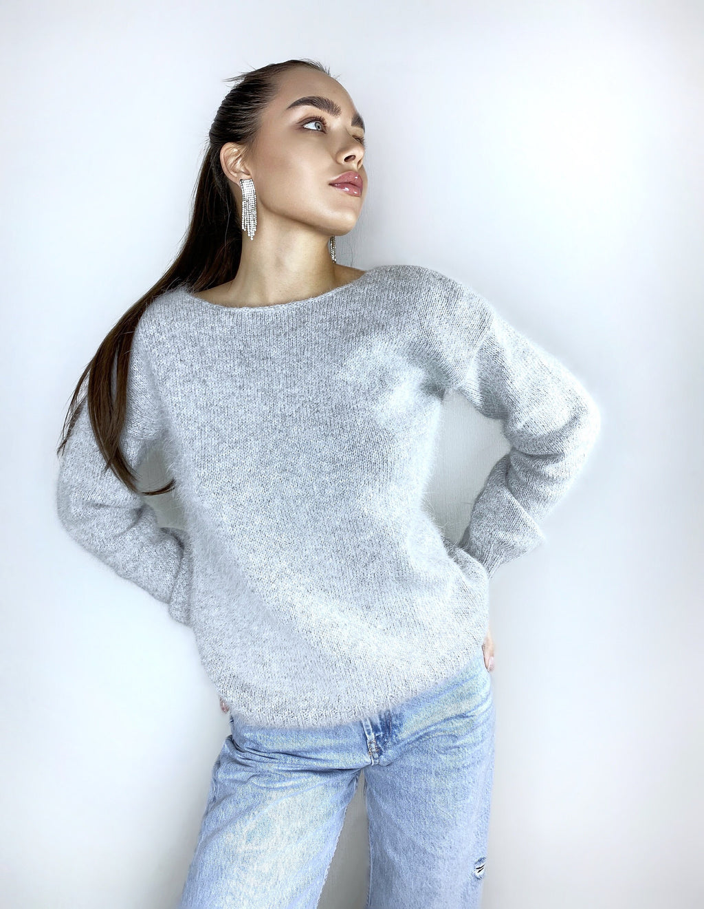 Grey melange angora sweater Open back Deep neckline Knit fluffy angora pullover Loose fit oversized V-neck Top long sleevs Cozy gift her