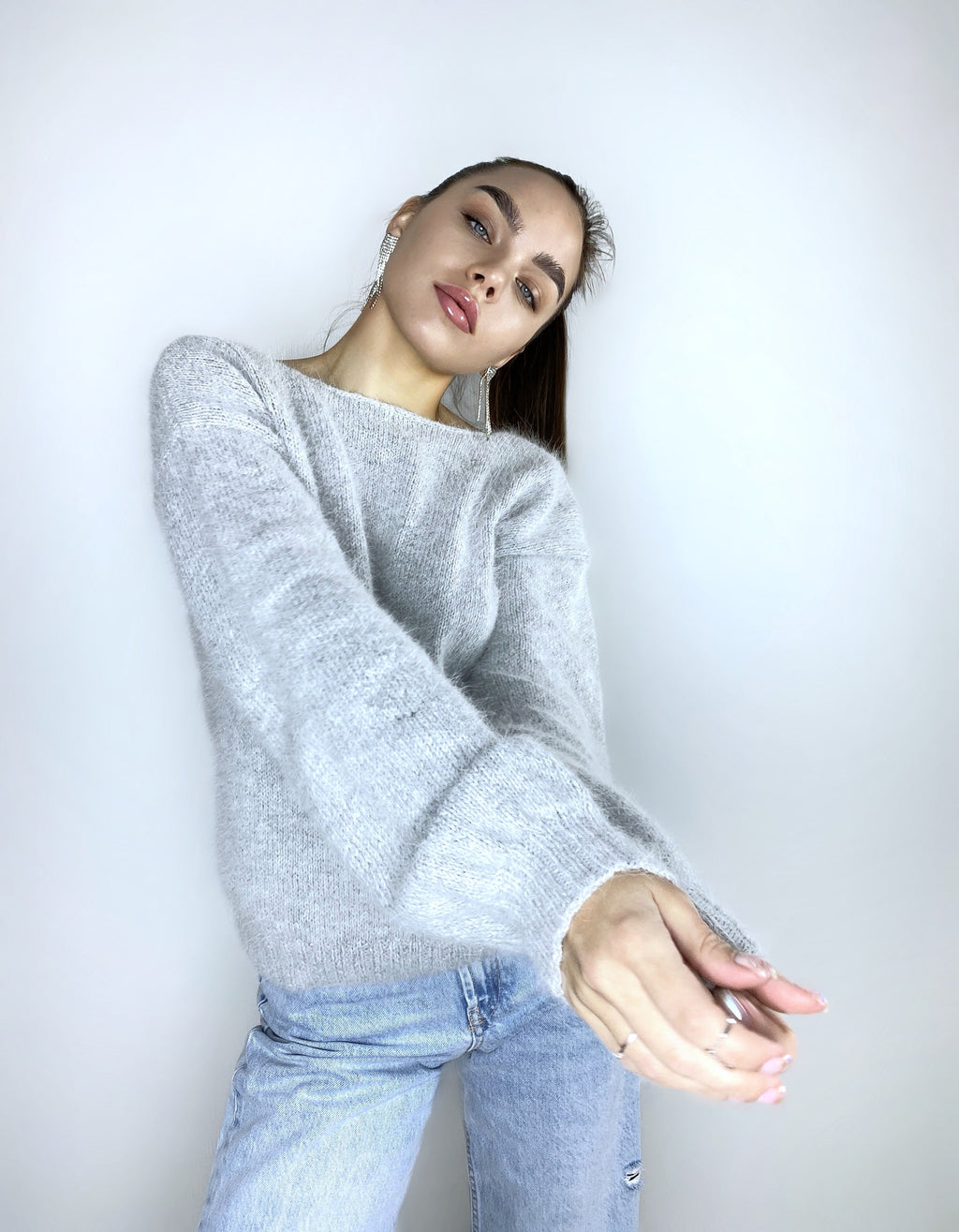 Grey melange angora sweater Open back Deep neckline Knit fluffy angora pullover Loose fit oversized V-neck Top long sleevs Cozy gift her