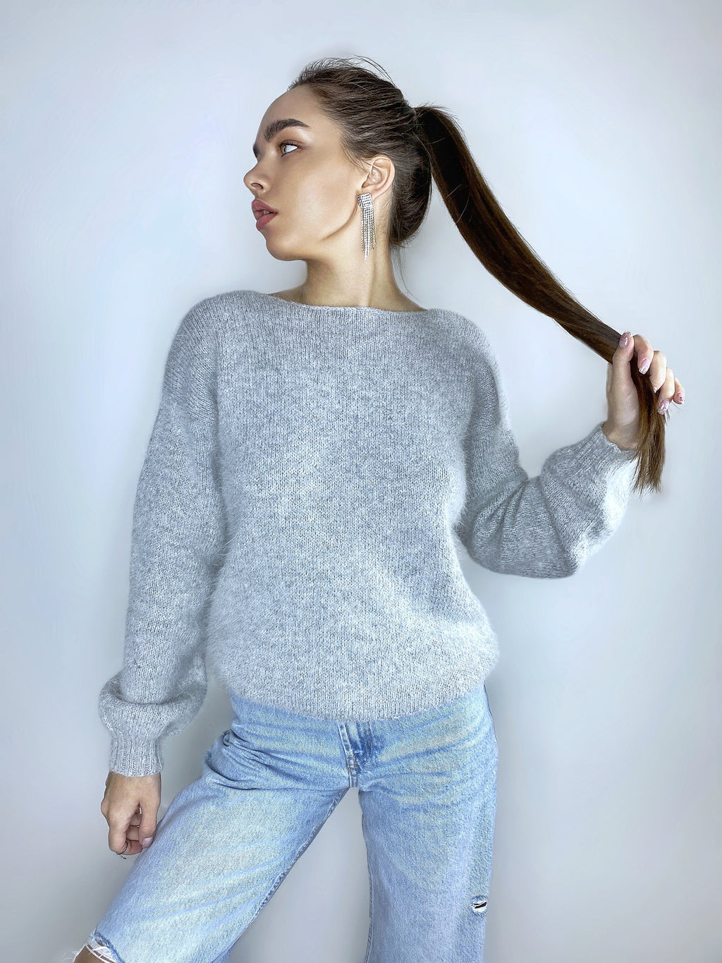 Grey melange angora sweater Open back Deep neckline Knit fluffy angora pullover Loose fit oversized V-neck Top long sleevs Cozy gift her