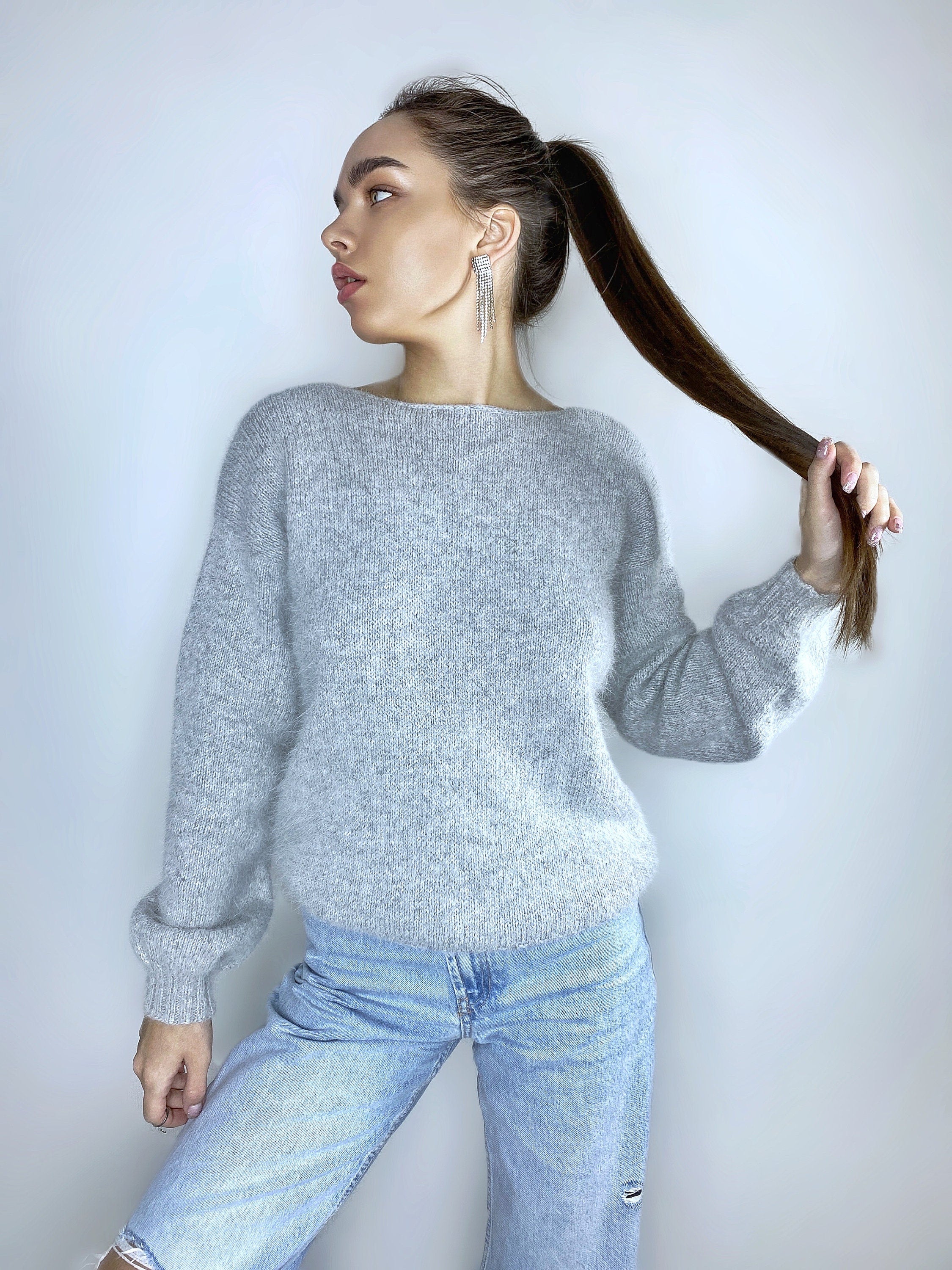 Grey melange angora sweater Open back Deep neckline Knit fluffy angora pullover Loose fit oversized V-neck Top long sleevs Cozy gift her