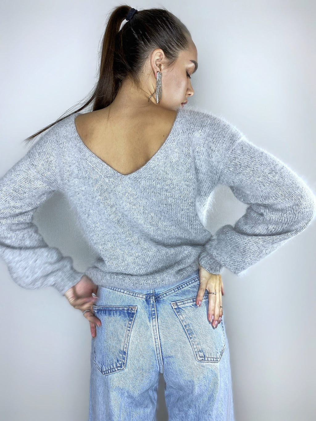 Grey melange angora sweater Open back Deep neckline Knit fluffy angora pullover Loose fit oversized V-neck Top long sleevs Cozy gift her