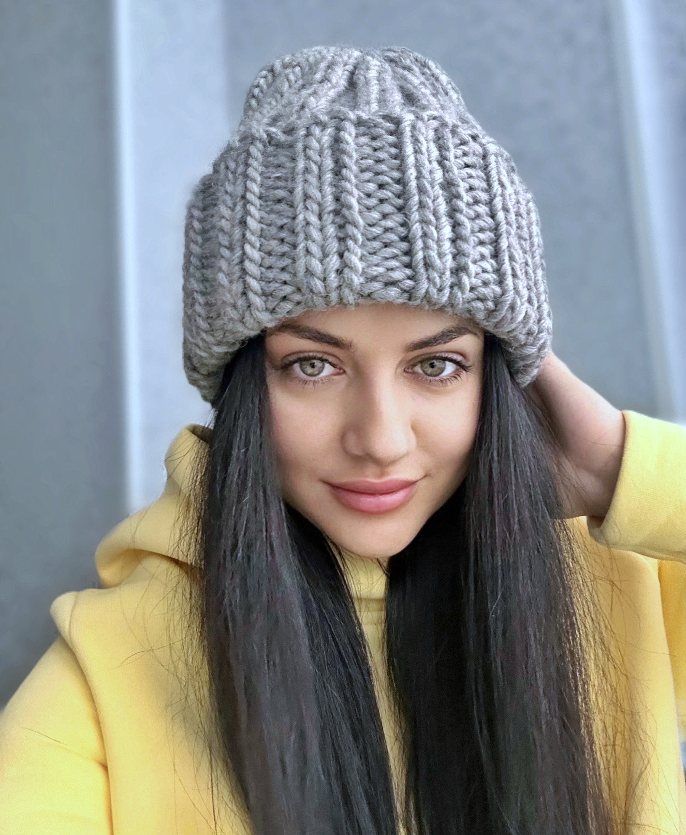 Chunky knit hat Super Chunky Beanie Winter knit hat Big warm winter knitted hat Light Gray Pastel knit hand hat Chunky knit beanie