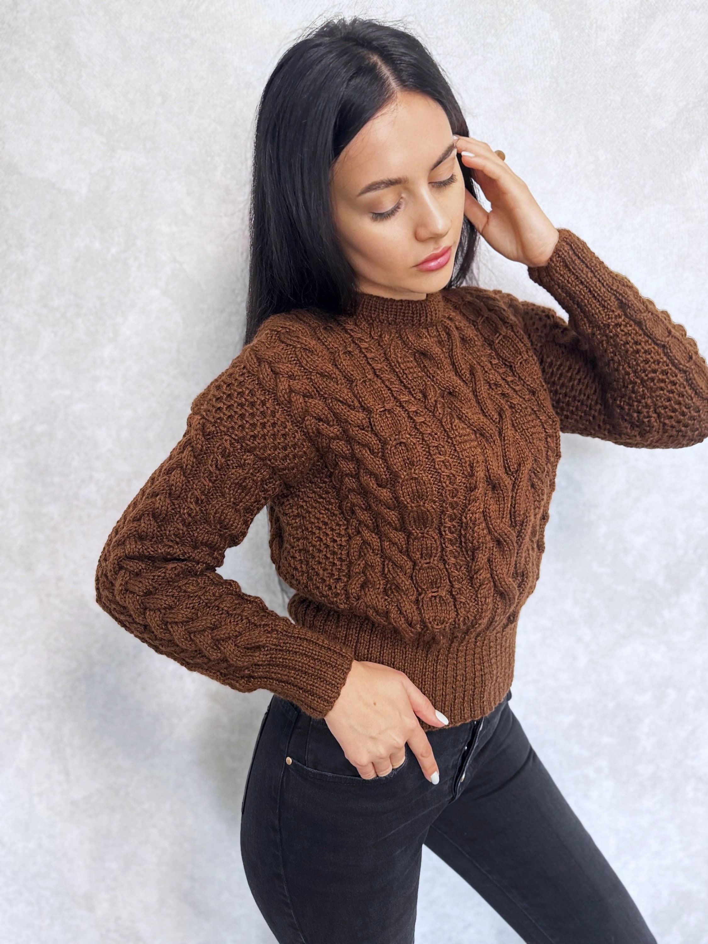 Crop knit Chocolate aran sweater top women/hand knit jumper/Cable knitting/Loose knit/Oversized/women many colors knitted sweater/High waist