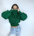 Crop hand knitted green emerald sweater Chunky Knit Turtleneck Oversized Pullover Women's Cable knit Jumper merino wool winter sweater