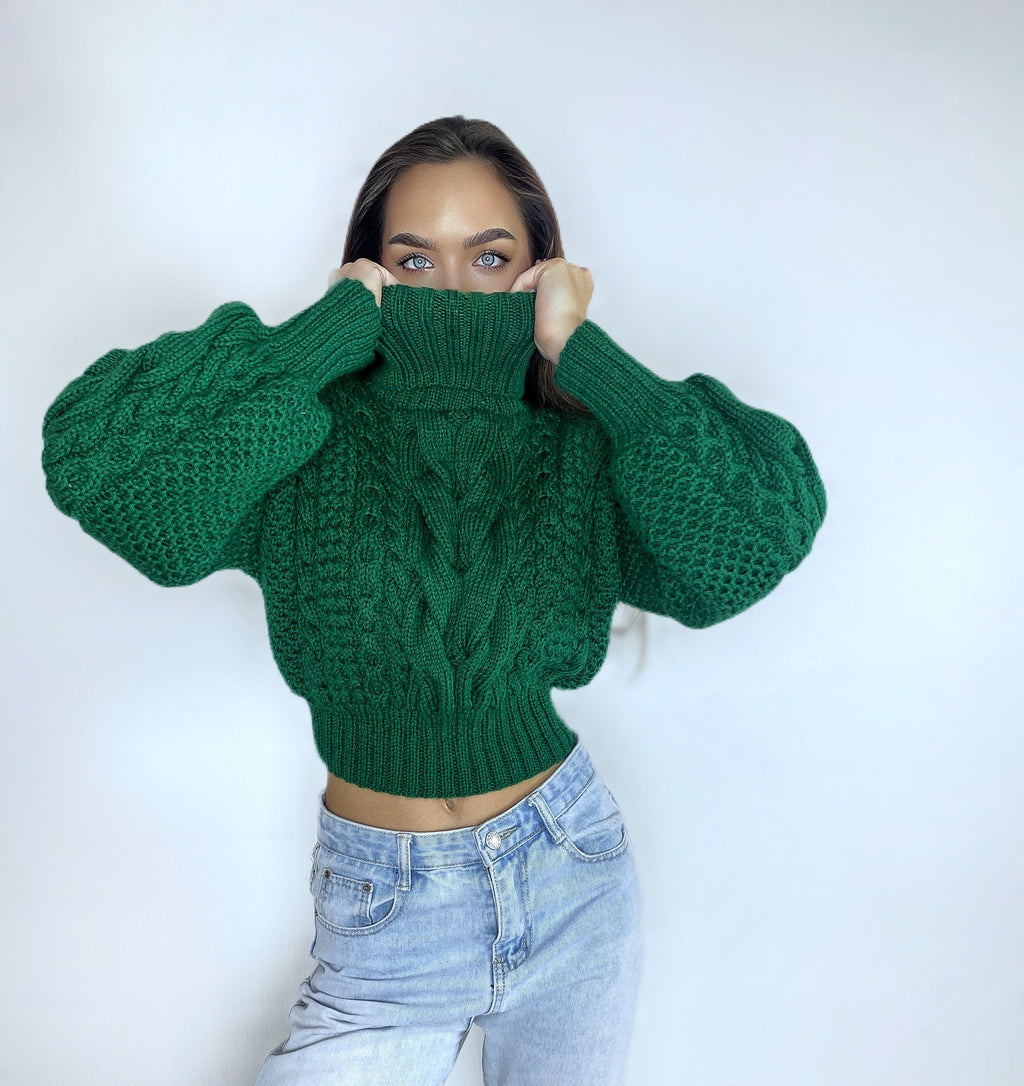 Crop hand knitted green emerald sweater Chunky Knit Turtleneck Oversized Pullover Women's Cable knit Jumper merino wool winter sweater