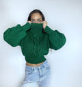 Crop hand knitted green emerald sweater Chunky Knit Turtleneck Oversized Pullover Women's Cable knit Jumper merino wool winter sweater