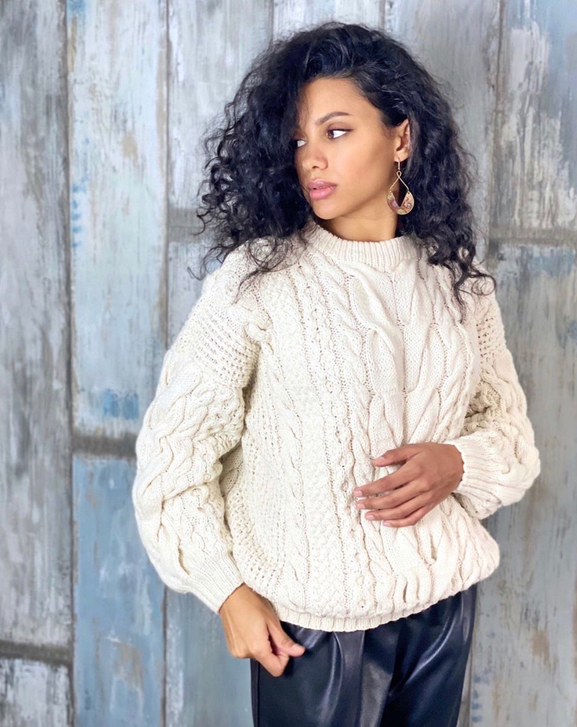 Сream knit women sweater merino wool organic cotton pullover oversized Knit loose sweater Chunky cardigan White Milk cable knit sweater