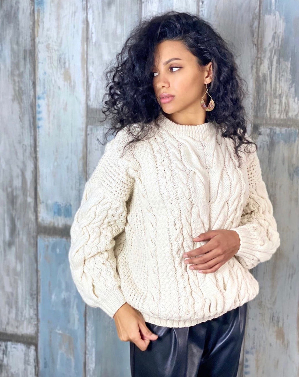 Сream knit women sweater merino wool organic cotton pullover oversized Knit loose sweater Chunky cardigan White Milk cable knit sweater