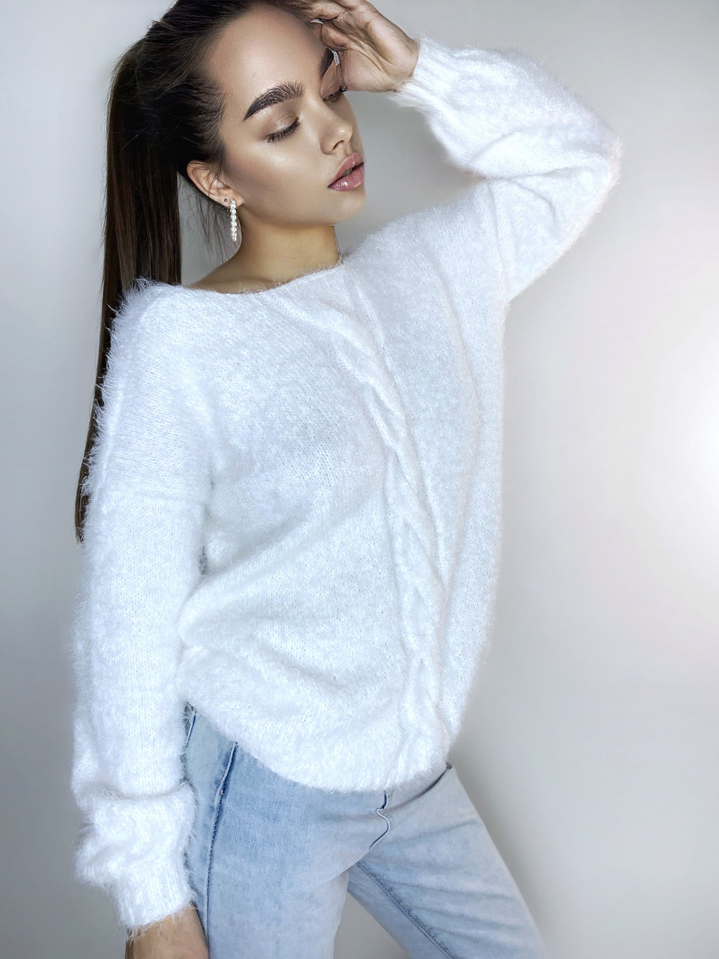 White wool free soft fluffy hand knit body friendly sweater Open back Deep V-neckline Analogue of angora yarn pullover Loose fit oversized