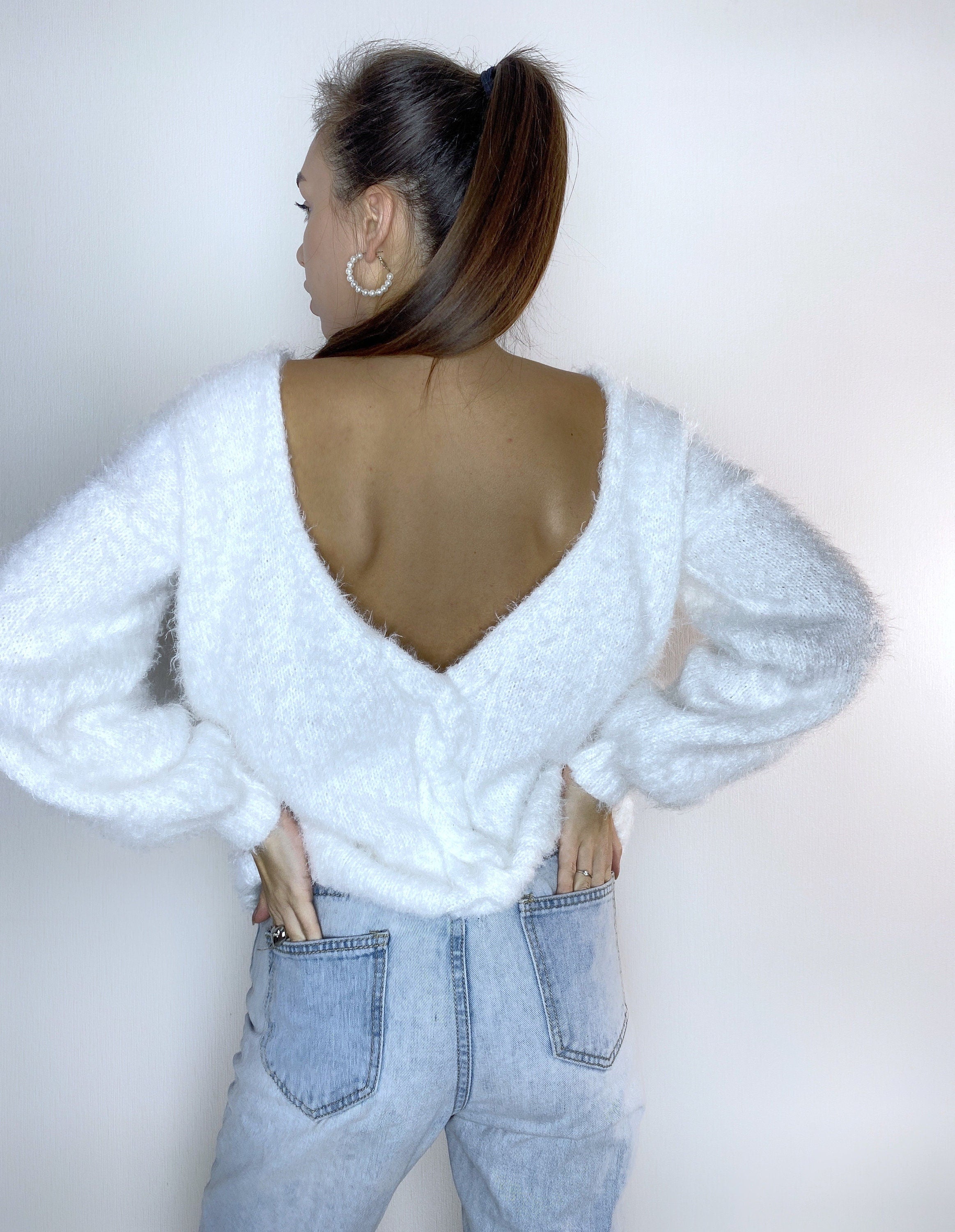 White wool free soft fluffy hand knit body friendly sweater Open back Deep V-neckline Analogue of angora yarn pullover Loose fit oversized