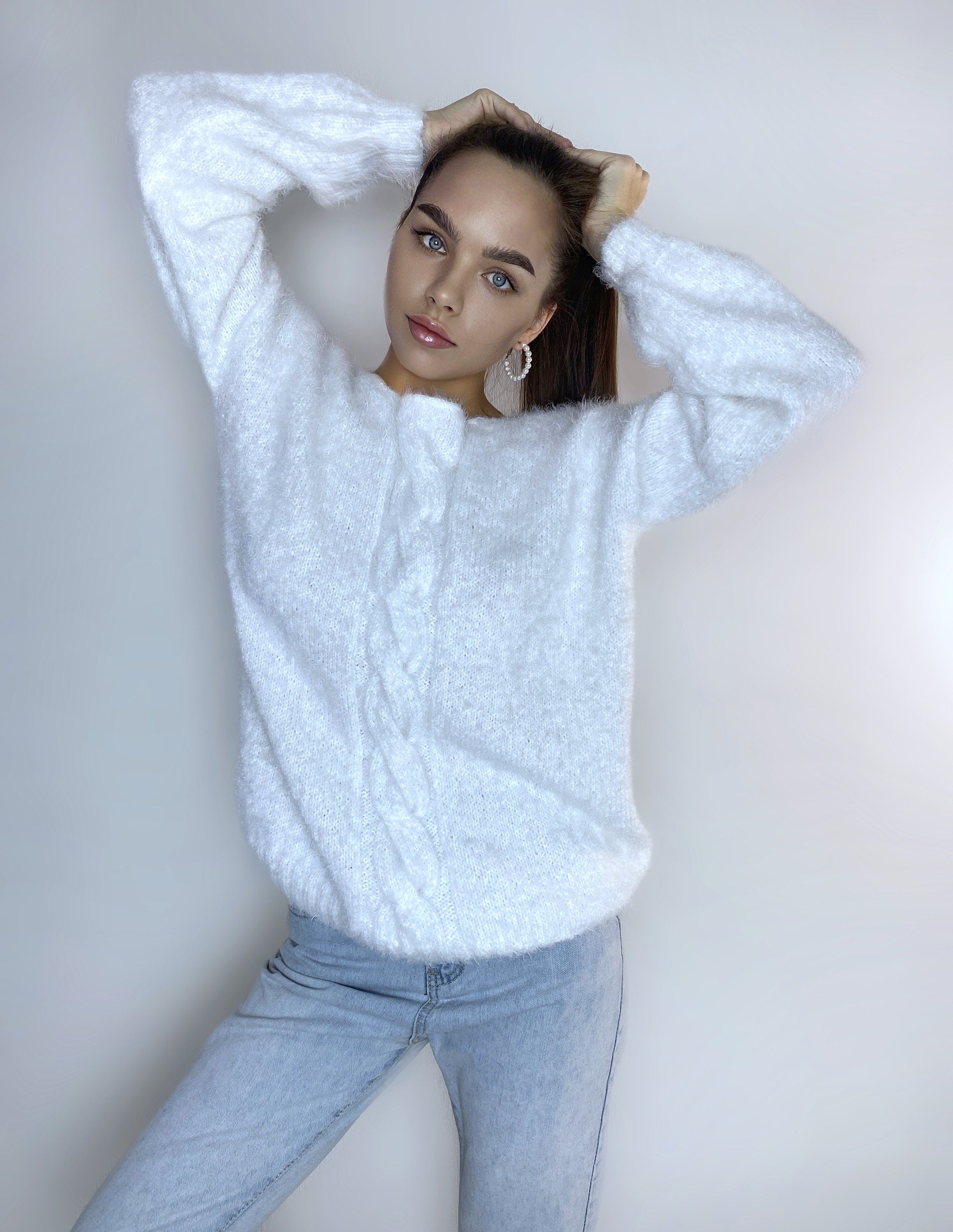 White wool free soft fluffy hand knit body friendly sweater Open back Deep V-neckline Analogue of angora yarn pullover Loose fit oversized