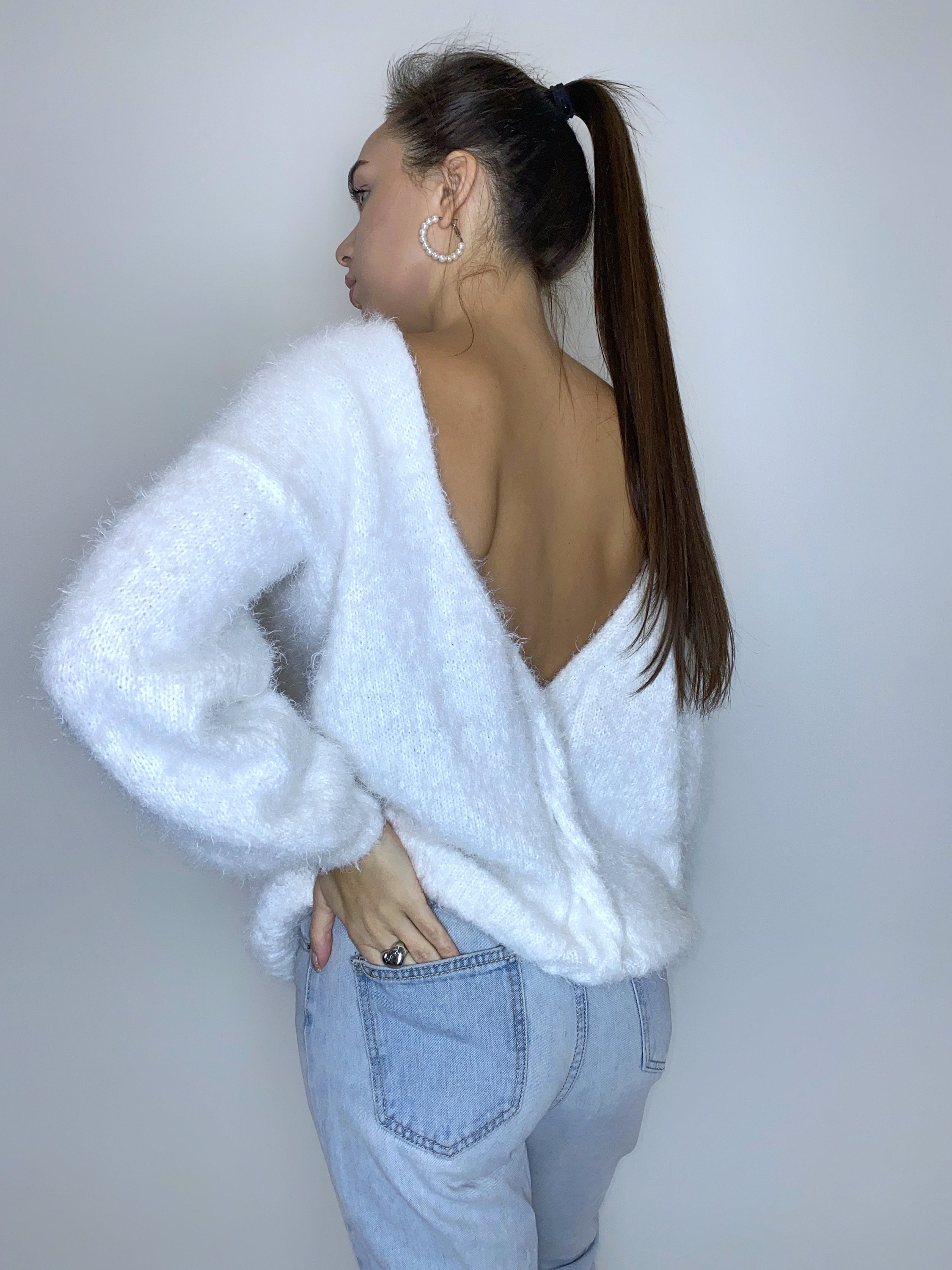 White wool free soft fluffy hand knit body friendly sweater Open back Deep V-neckline Analogue of angora yarn pullover Loose fit oversized