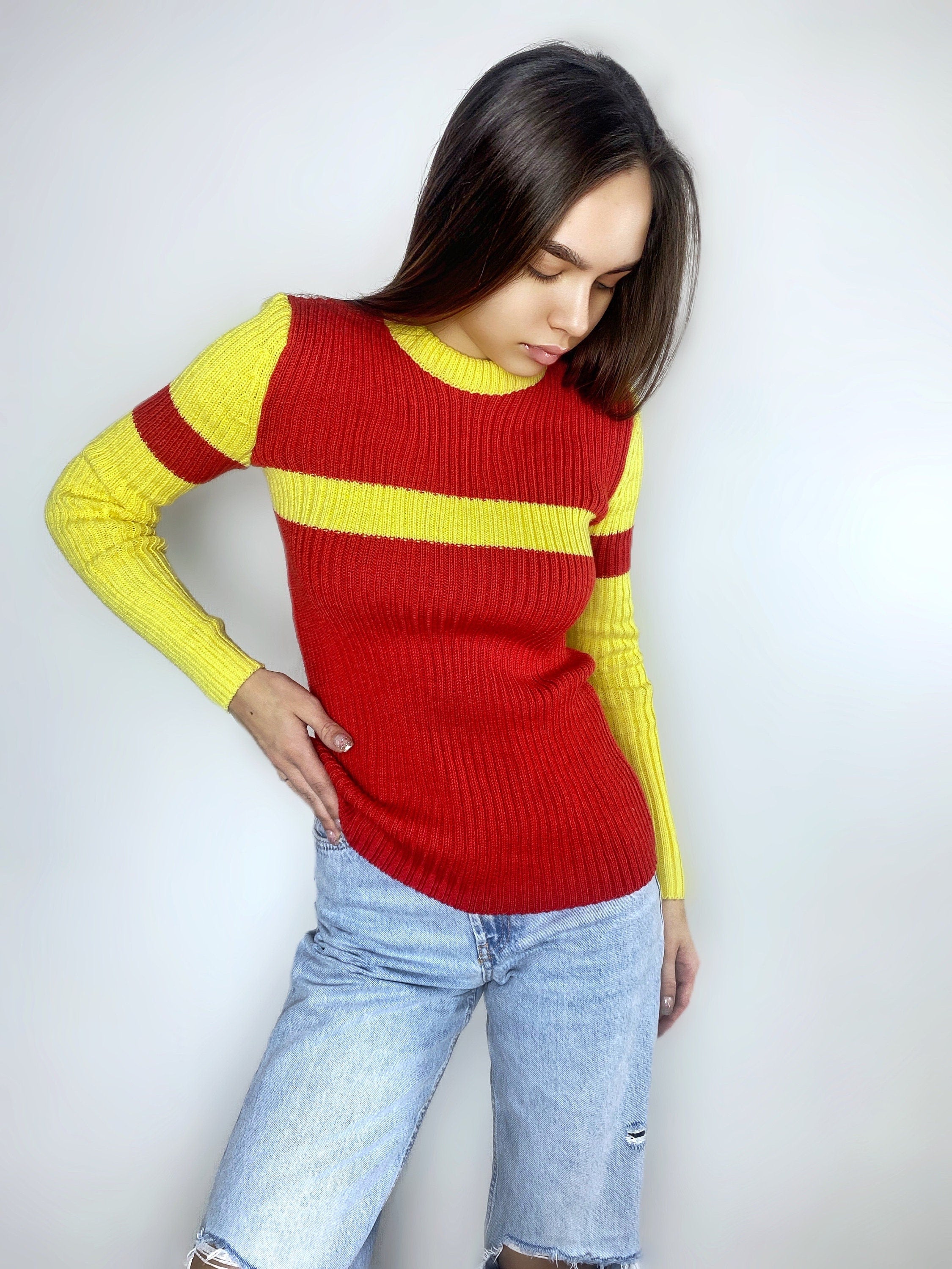 Red Yellow knitted sweater/knit woolen mens unisex sweater/red pullover/wool turtleneck/gender neutral sweater/chunky knit pullover