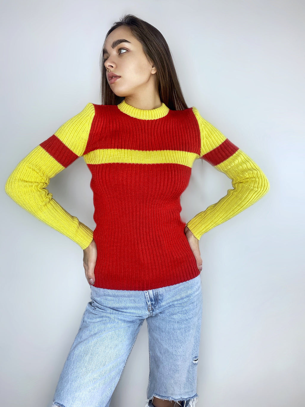 Red Yellow knitted sweater/knit woolen mens unisex sweater/red pullover/wool turtleneck/gender neutral sweater/chunky knit pullover