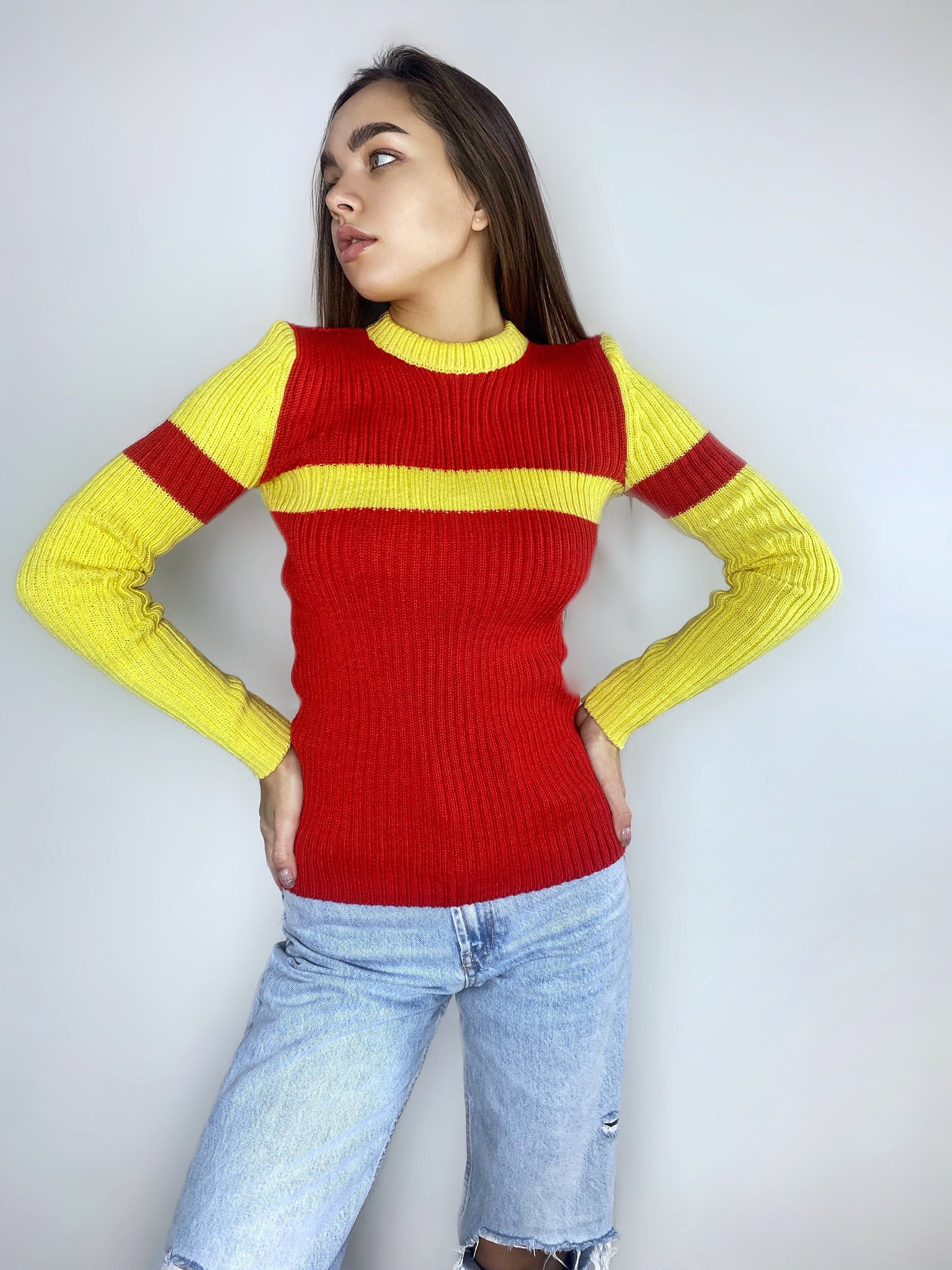 Red Yellow knitted sweater/knit woolen mens unisex sweater/red pullover/wool turtleneck/gender neutral sweater/chunky knit pullover