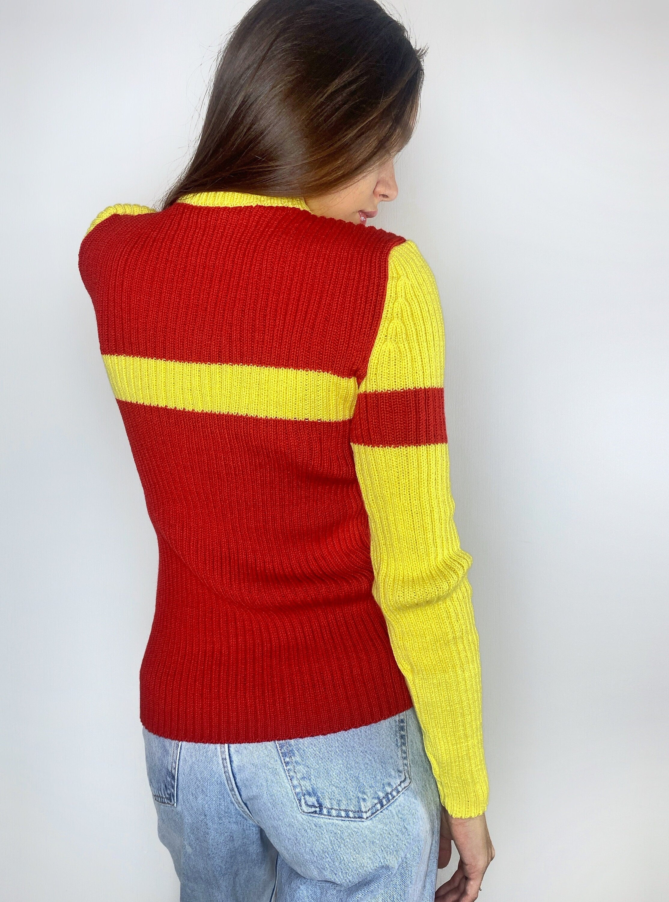Red Yellow knitted sweater/knit woolen mens unisex sweater/red pullover/wool turtleneck/gender neutral sweater/chunky knit pullover